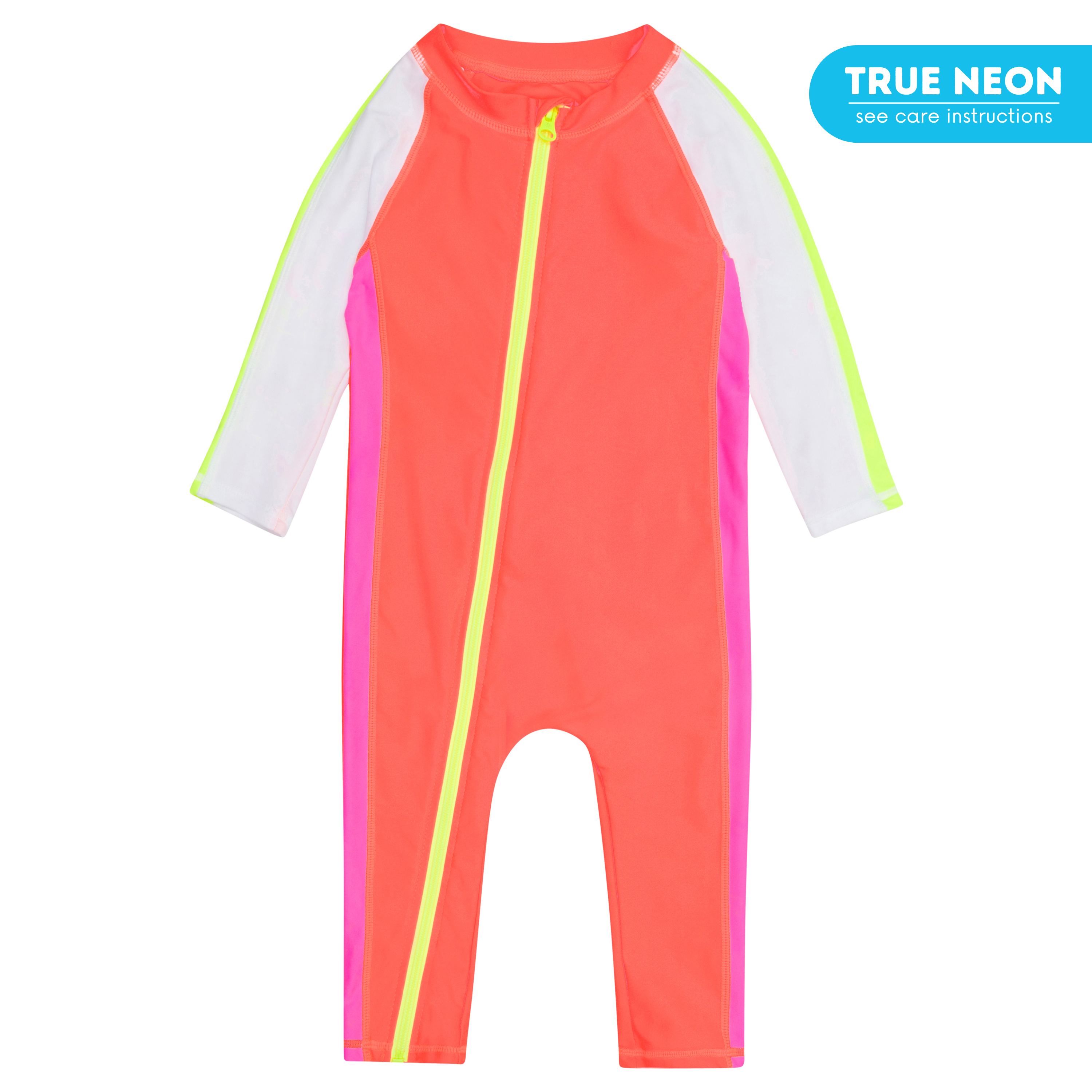 Sunsuit - Long Sleeve Romper Swimsuit | “Neon Orange & White”-SwimZip UPF 50+ Sun Protective Swimwear & UV Zipper Rash Guards-pos1