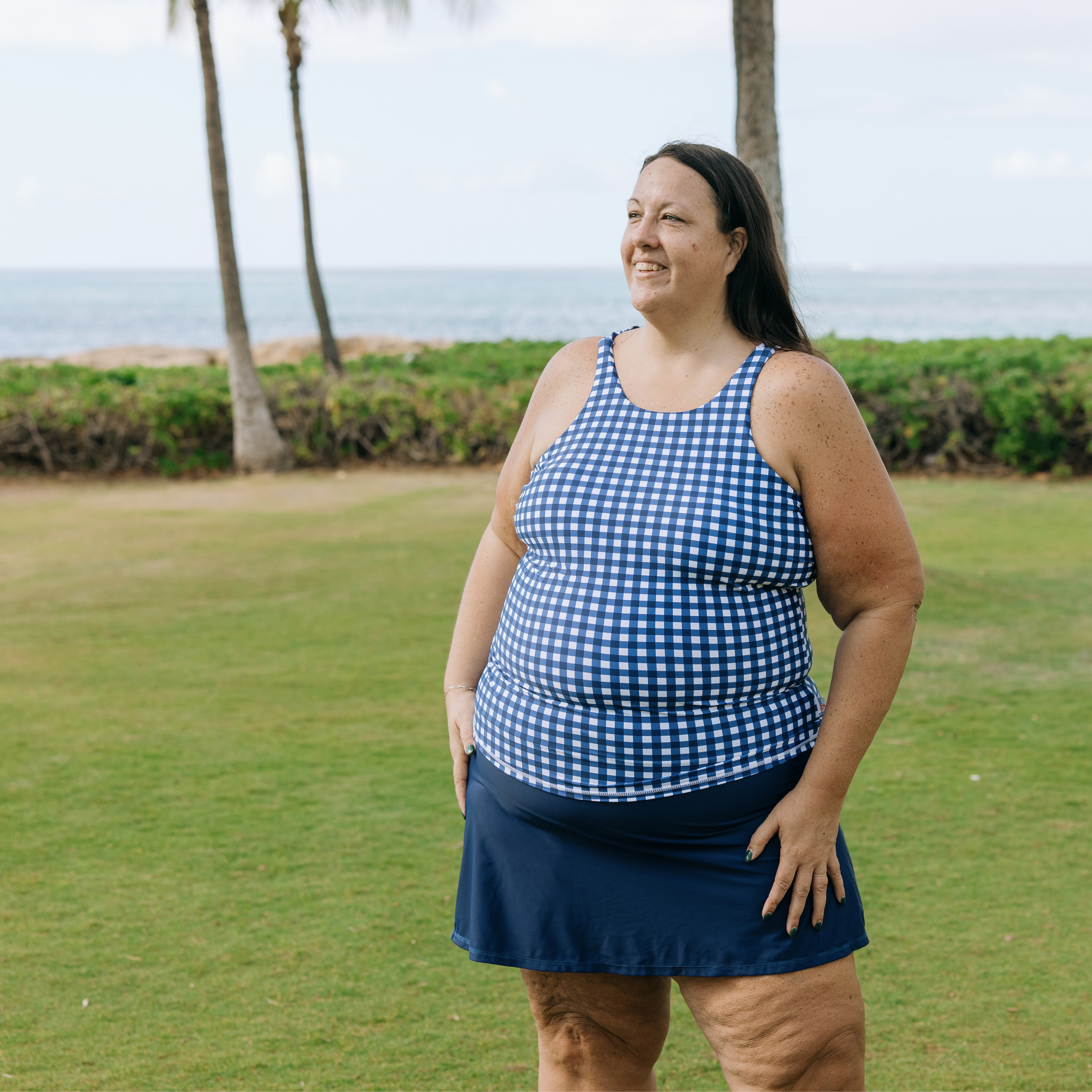 Women’s High Neck Fitted Tankini Top | “Navy Gingham”-SwimZip UPF 50+ Sun Protective Swimwear & UV Zipper Rash Guards-pos2