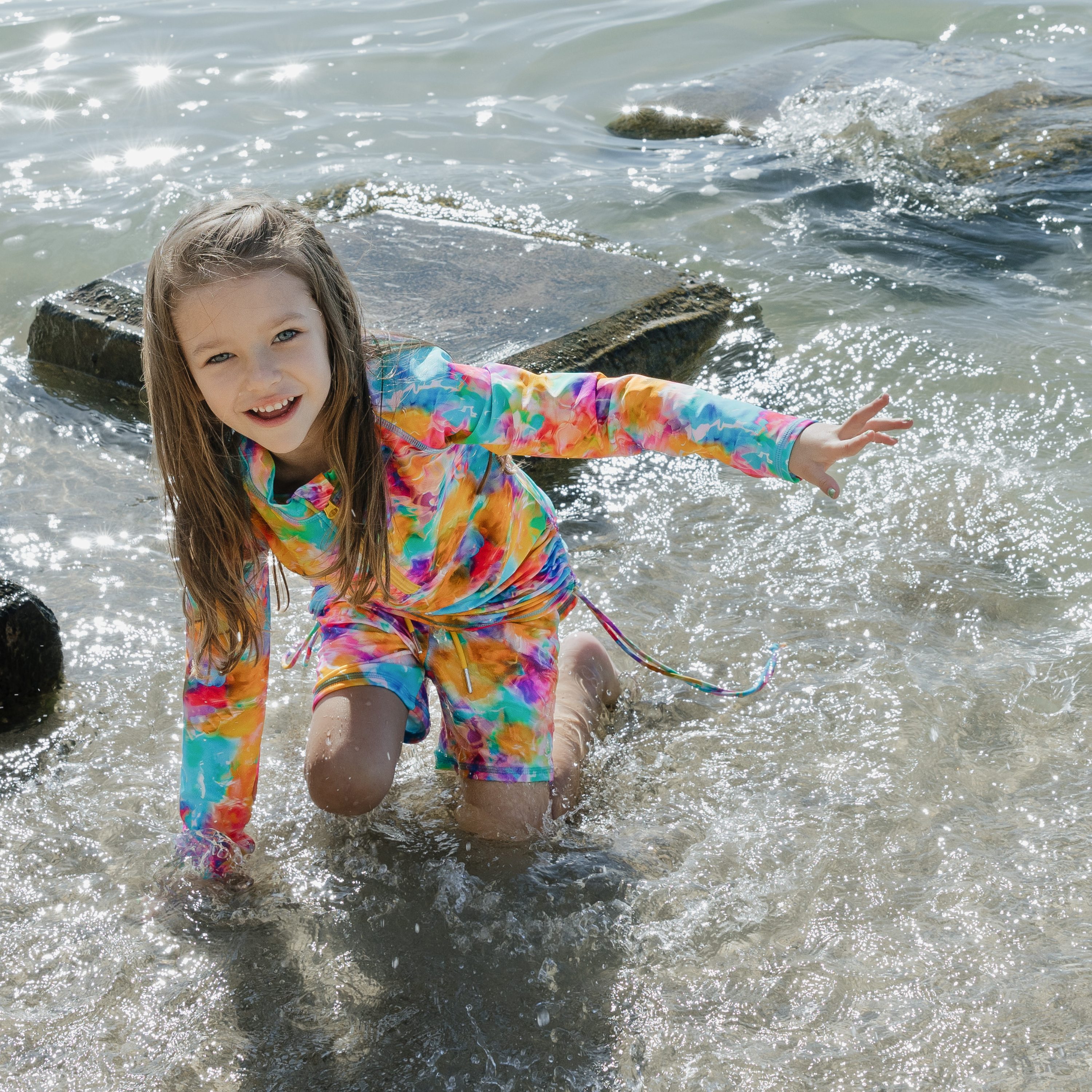 Girls Long Sleeve Swim Dress Cover Up | "Impressions"-SwimZip UPF 50+ Sun Protective Swimwear & UV Zipper Rash Guards-pos9