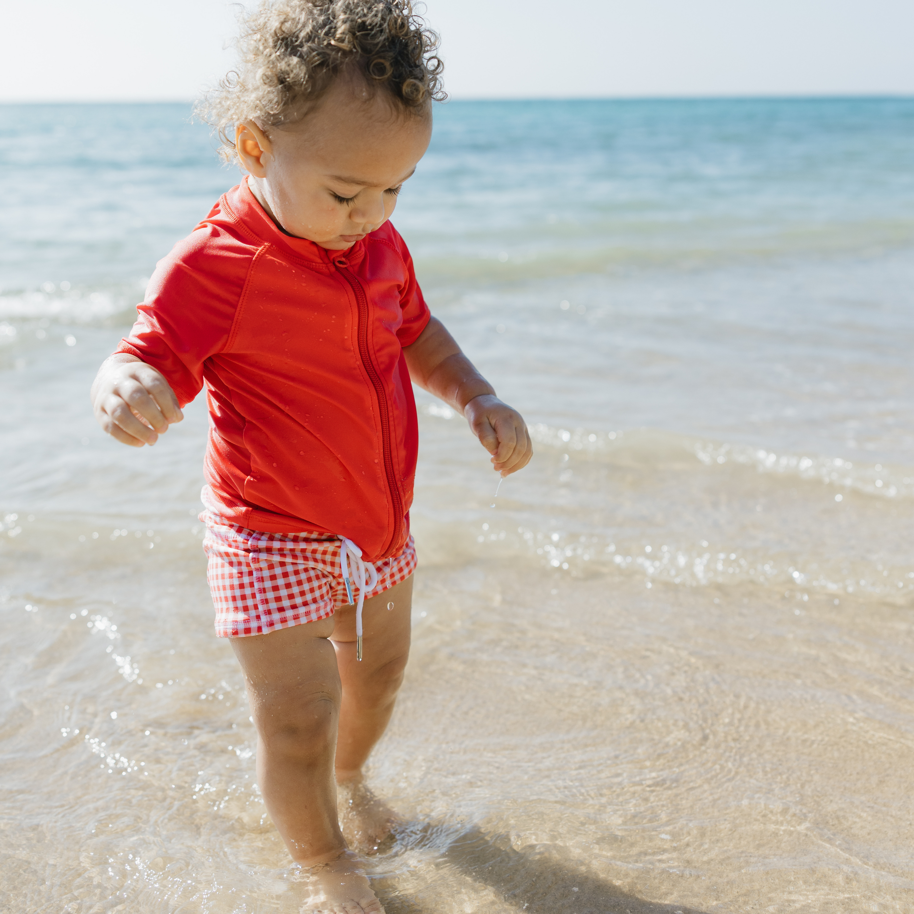 Kids Euro Swim Shorties | "Red Gingham"-SwimZip UPF 50+ Sun Protective Swimwear & UV Zipper Rash Guards-pos6