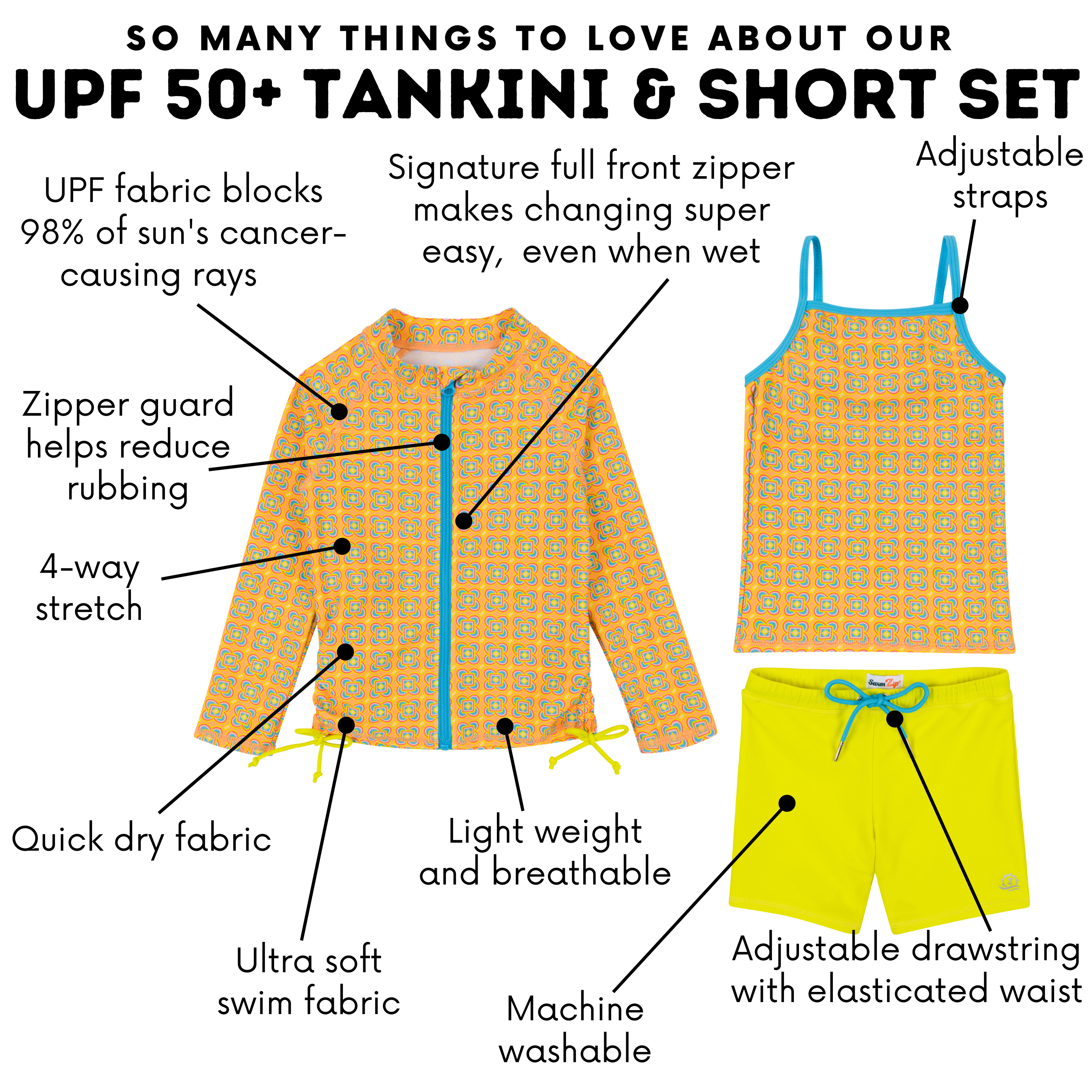 Girls Long Sleeve Rash Guard + Tankini Shorts Set (3 Piece) | "Kaleidoscope"-SwimZip UPF 50+ Sun Protective Swimwear & UV Zipper Rash Guards-pos4