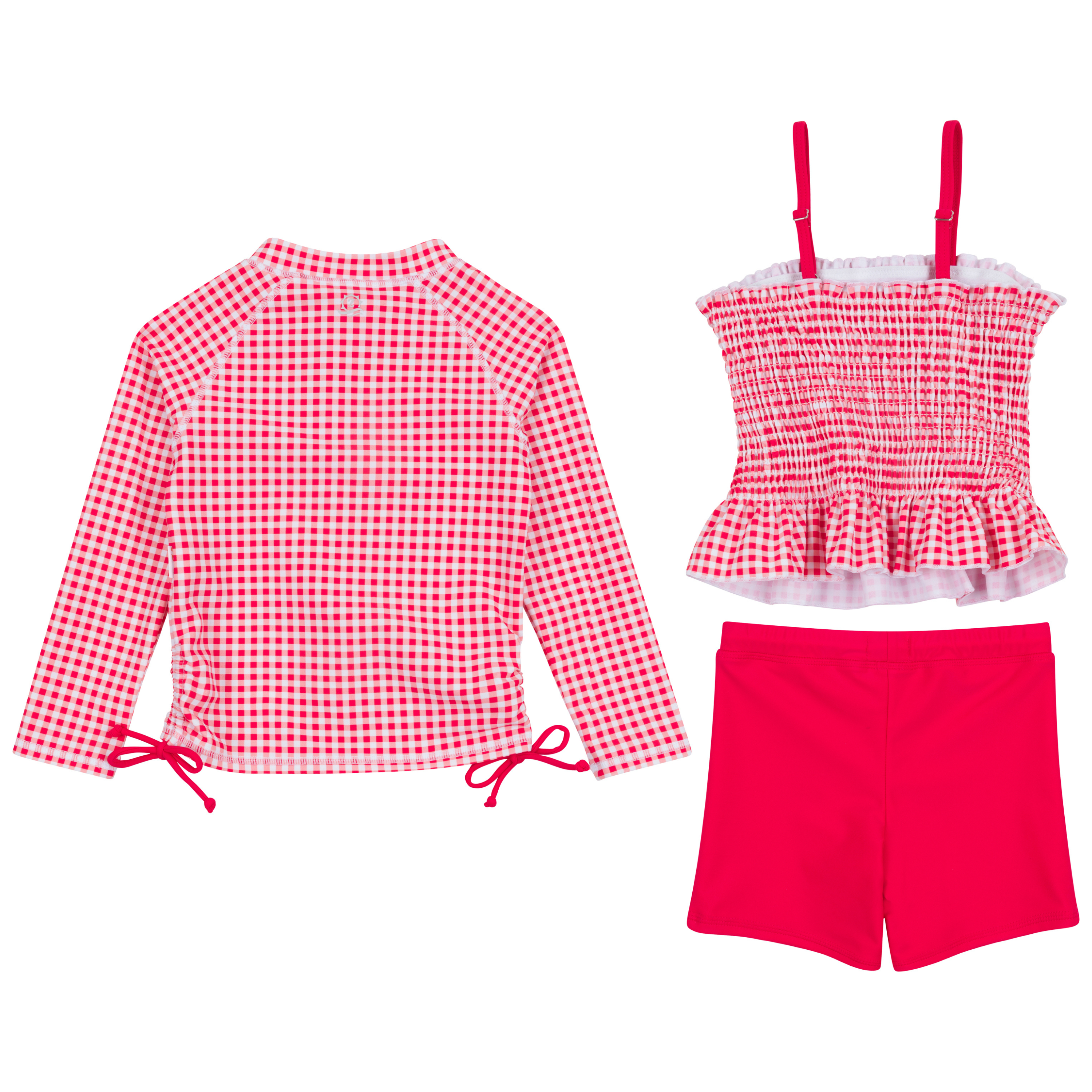 Girls Long Sleeve Rash Guard + Smocked Tankini Shorts Set (3 Piece) | "Red Gingham"-SwimZip UPF 50+ Sun Protective Swimwear & UV Zipper Rash Guards-pos10
