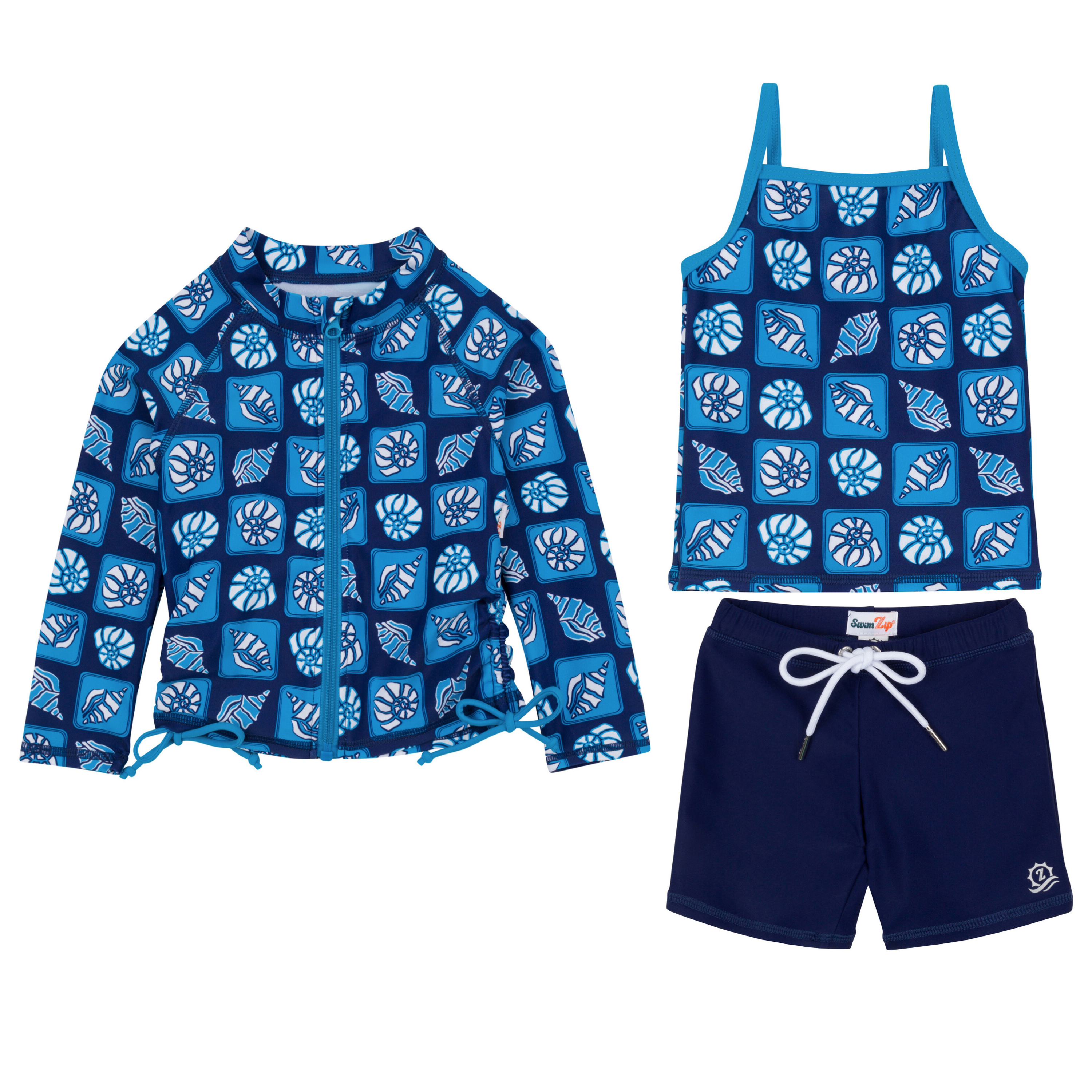 Girls Long Sleeve Rash Guard + Tankini Shorts Set (3 Piece) | "Coastal"-2T-Coastal-SwimZip UPF 50+ Sun Protective Swimwear & UV Zipper Rash Guards-pos1