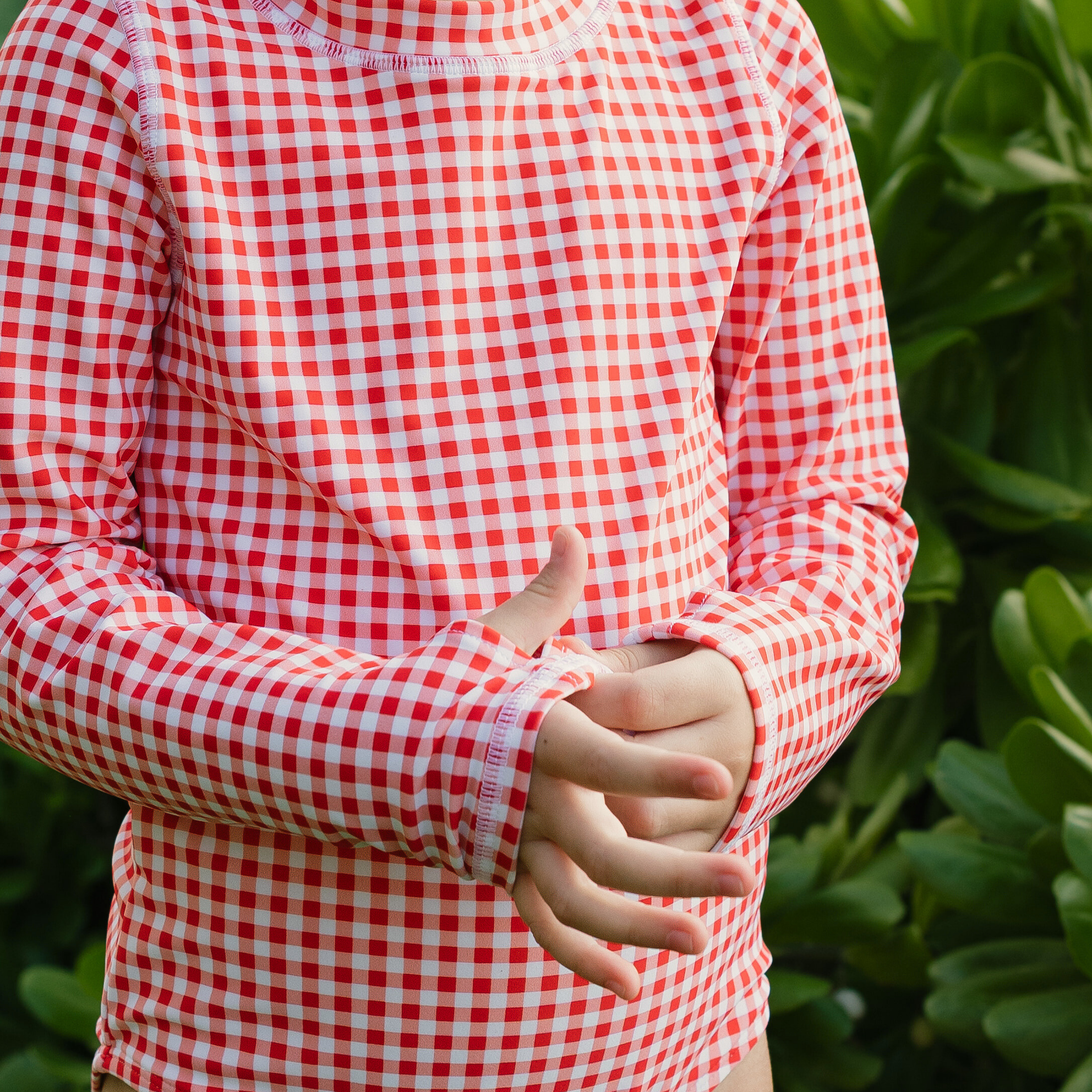 Girls Long Sleeve Surf Suit (One Piece Bodysuit) | "Red Gingham"-SwimZip UPF 50+ Sun Protective Swimwear & UV Zipper Rash Guards-pos6