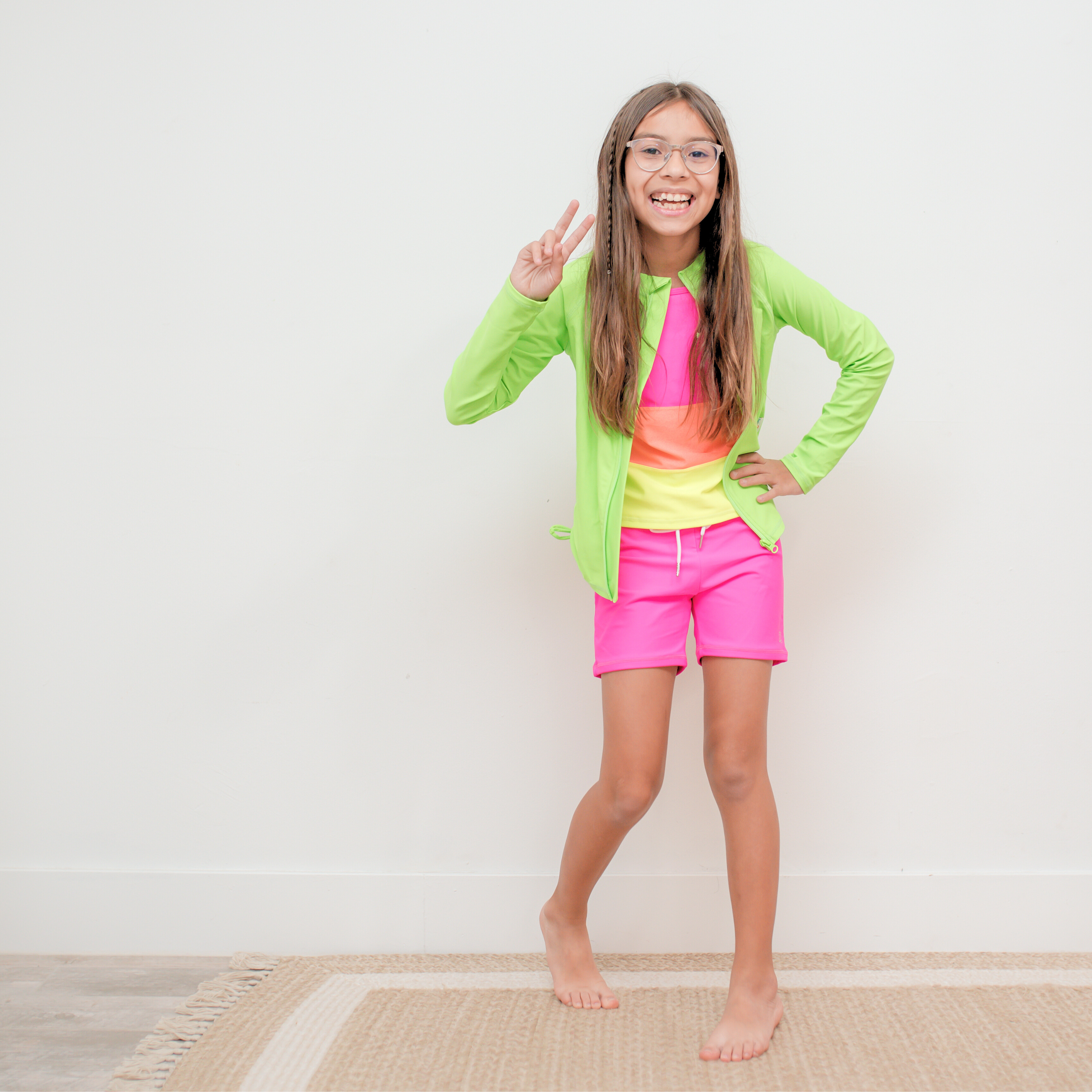Girls Long Sleeve Rash Guard + Tankini Shorts Set (3 Piece)| “Neon Sunrise”-SwimZip UPF 50+ Sun Protective Swimwear & UV Zipper Rash Guards-pos10