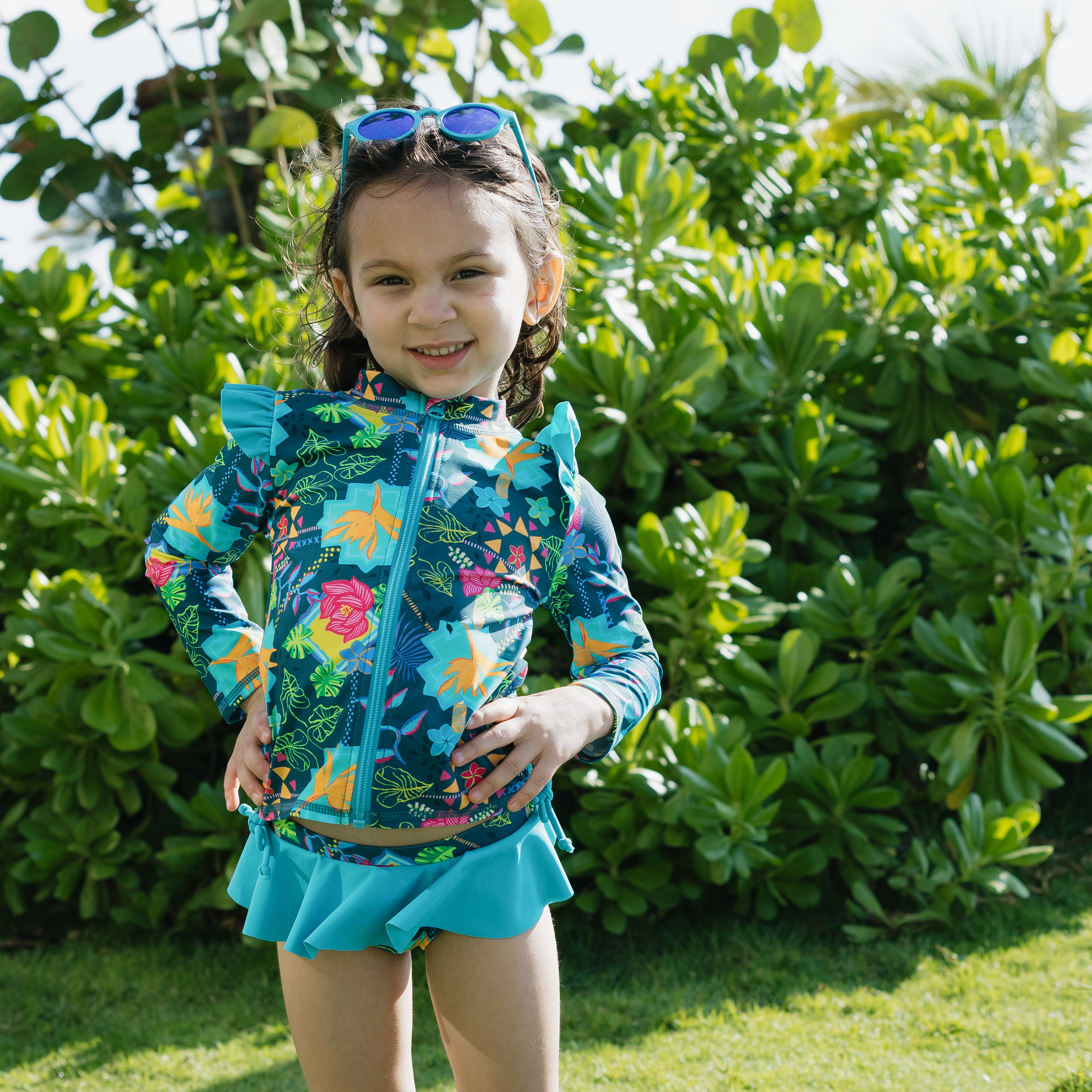 Girls Long Sleeve Rash Guard Ruffle Bottom Swimsuit Set (2 Piece) | "Summer Max"-SwimZip UPF 50+ Sun Protective Swimwear & UV Zipper Rash Guards-pos2