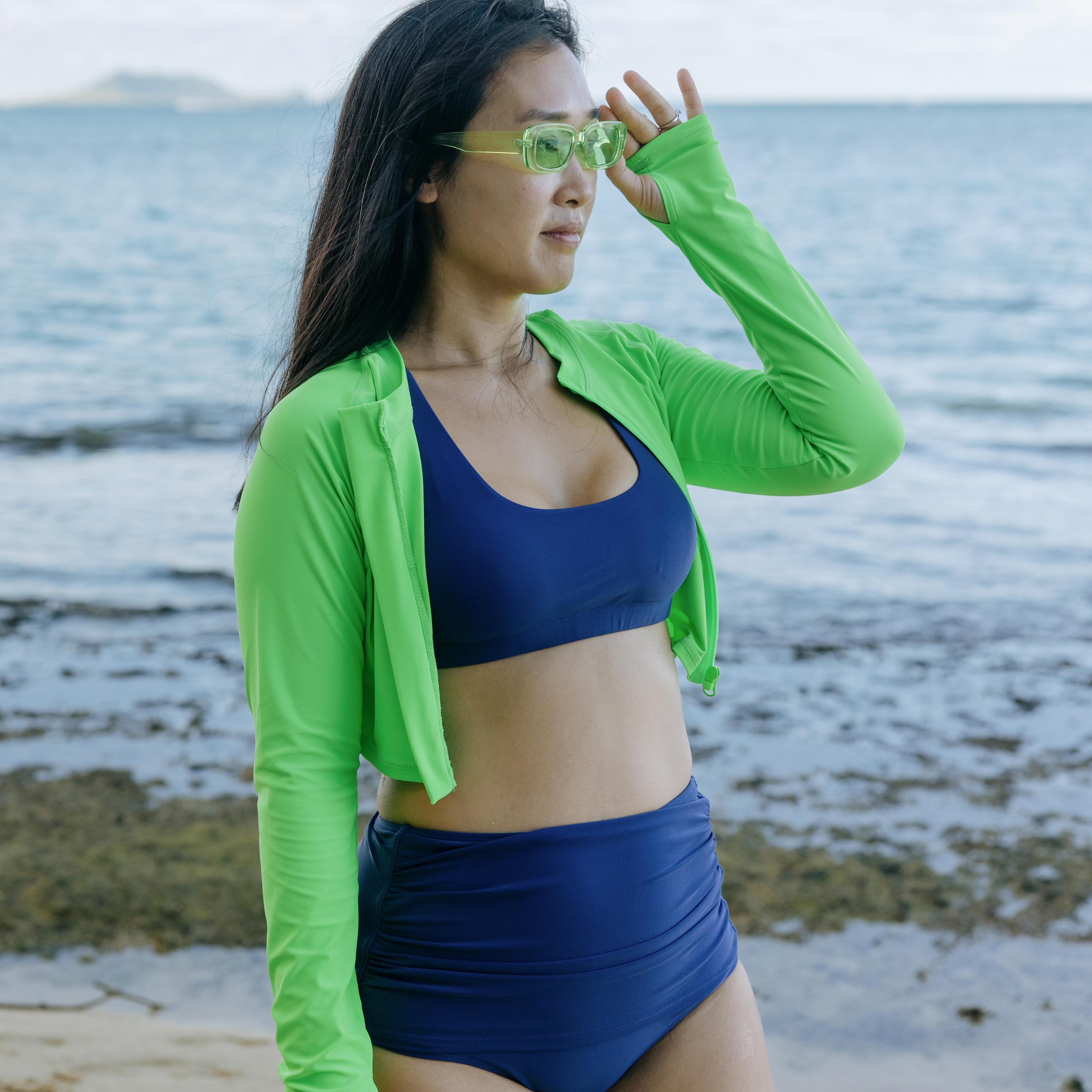 Women's Long Sleeve Crop Rash Guard | “Neon Green”-SwimZip UPF 50+ Sun Protective Swimwear & UV Zipper Rash Guards-pos13