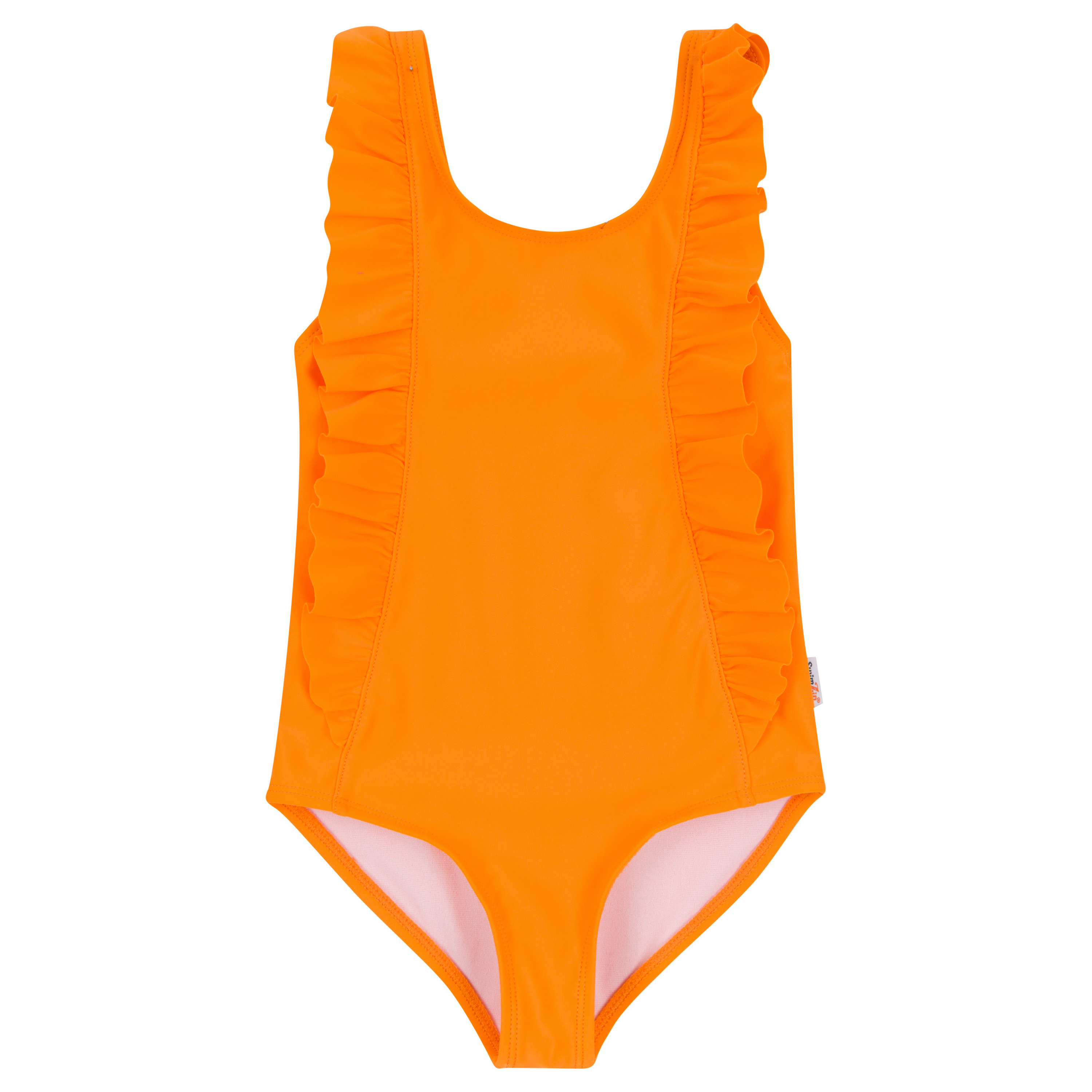 Girls Ruffle One-Piece Swimsuit | "Orange"-6-12 Month-Orange-SwimZip UPF 50+ Sun Protective Swimwear & UV Zipper Rash Guards-pos1