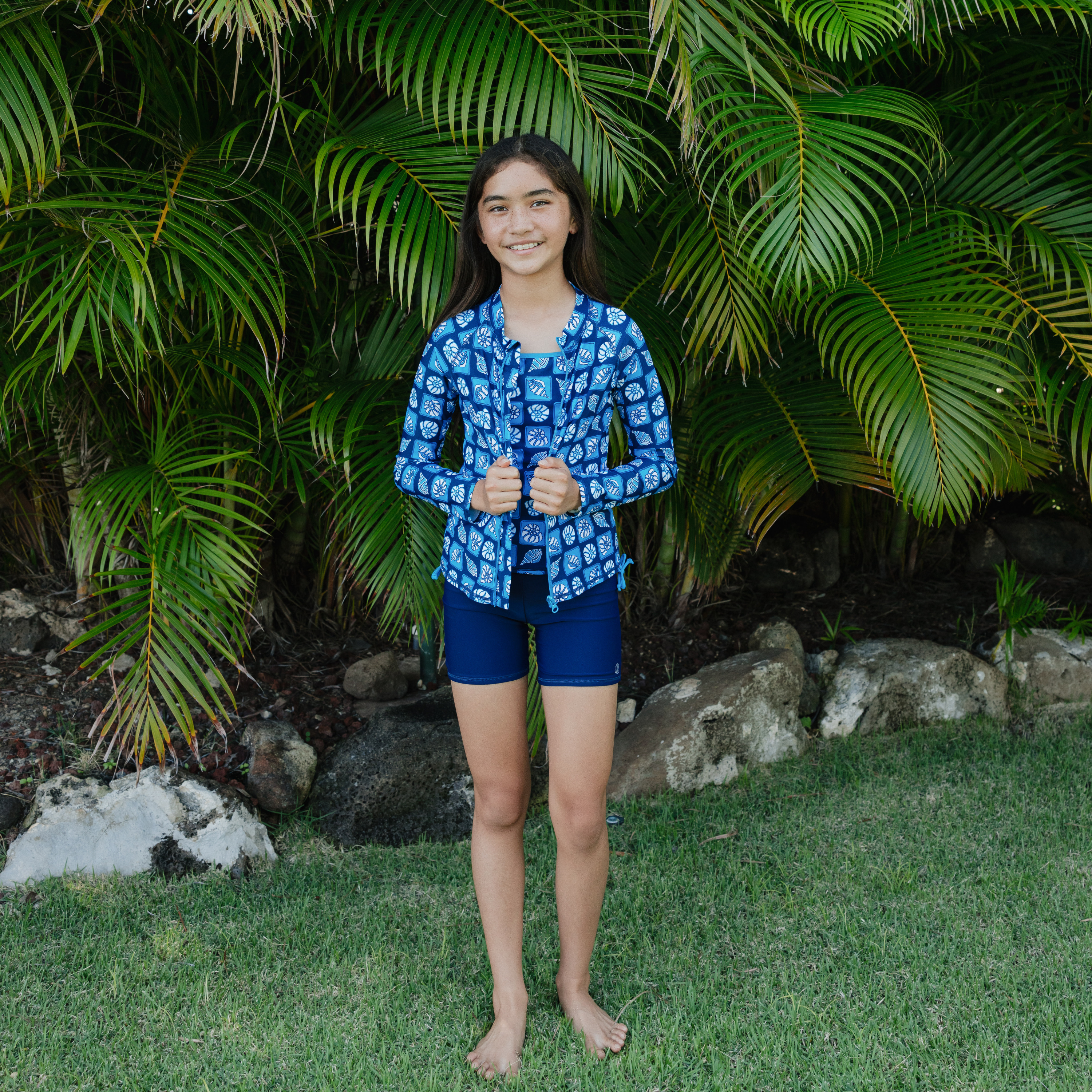 Girls Long Sleeve Rash Guard + Tankini Shorts Set (3 Piece) | "Coastal"-SwimZip UPF 50+ Sun Protective Swimwear & UV Zipper Rash Guards-pos3