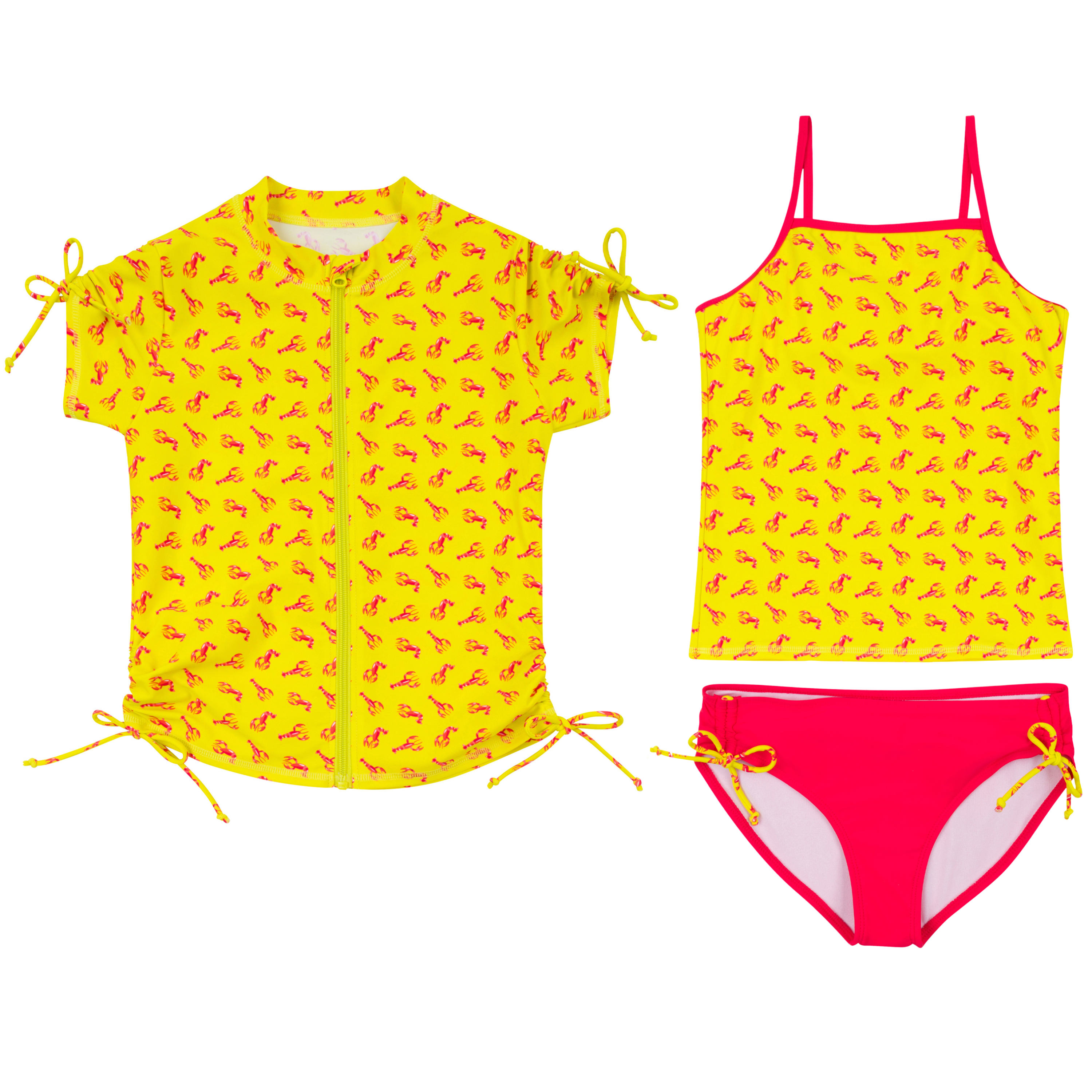 Girls Short Sleeve Rash Guard + Tankini Bikini Set (3 Piece) | "Lobster"-6-8-Lobster-SwimZip UPF 50+ Sun Protective Swimwear & UV Zipper Rash Guards-pos1