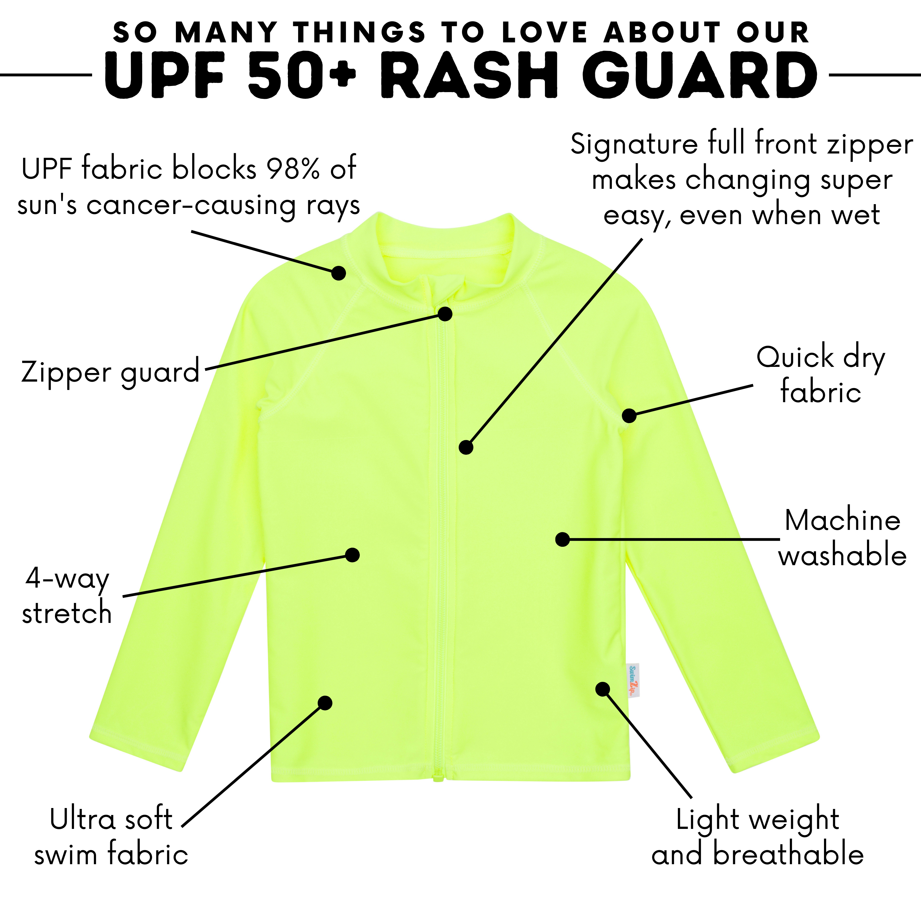 Kids UPF 50+ Long Sleeve Zipper Rash Guard Swim Shirt | "Neon Yellow"-SwimZip UPF 50+ Sun Protective Swimwear & UV Zipper Rash Guards-pos5