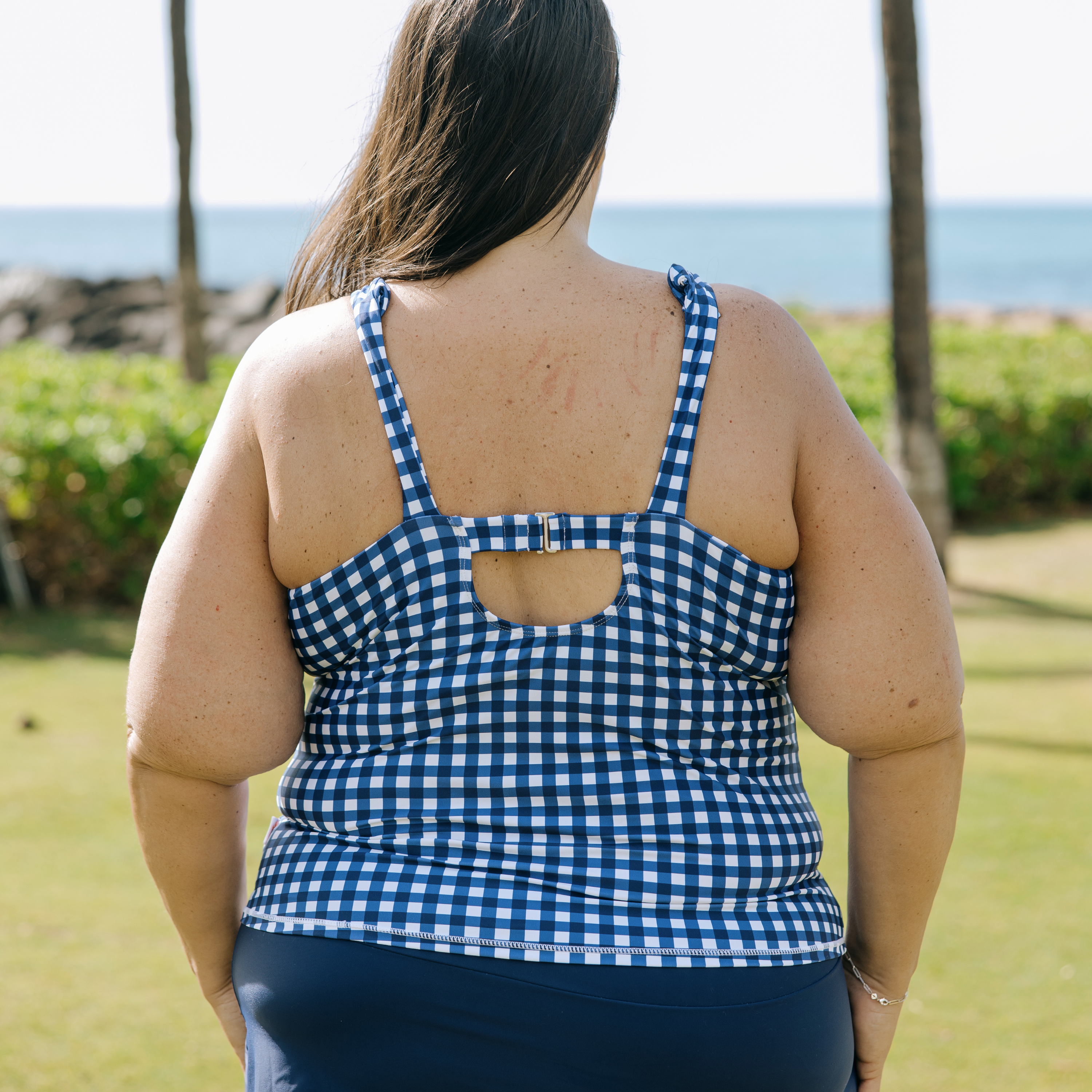 Women’s High Neck Fitted Tankini Top | “Navy Gingham”-SwimZip UPF 50+ Sun Protective Swimwear & UV Zipper Rash Guards-pos4