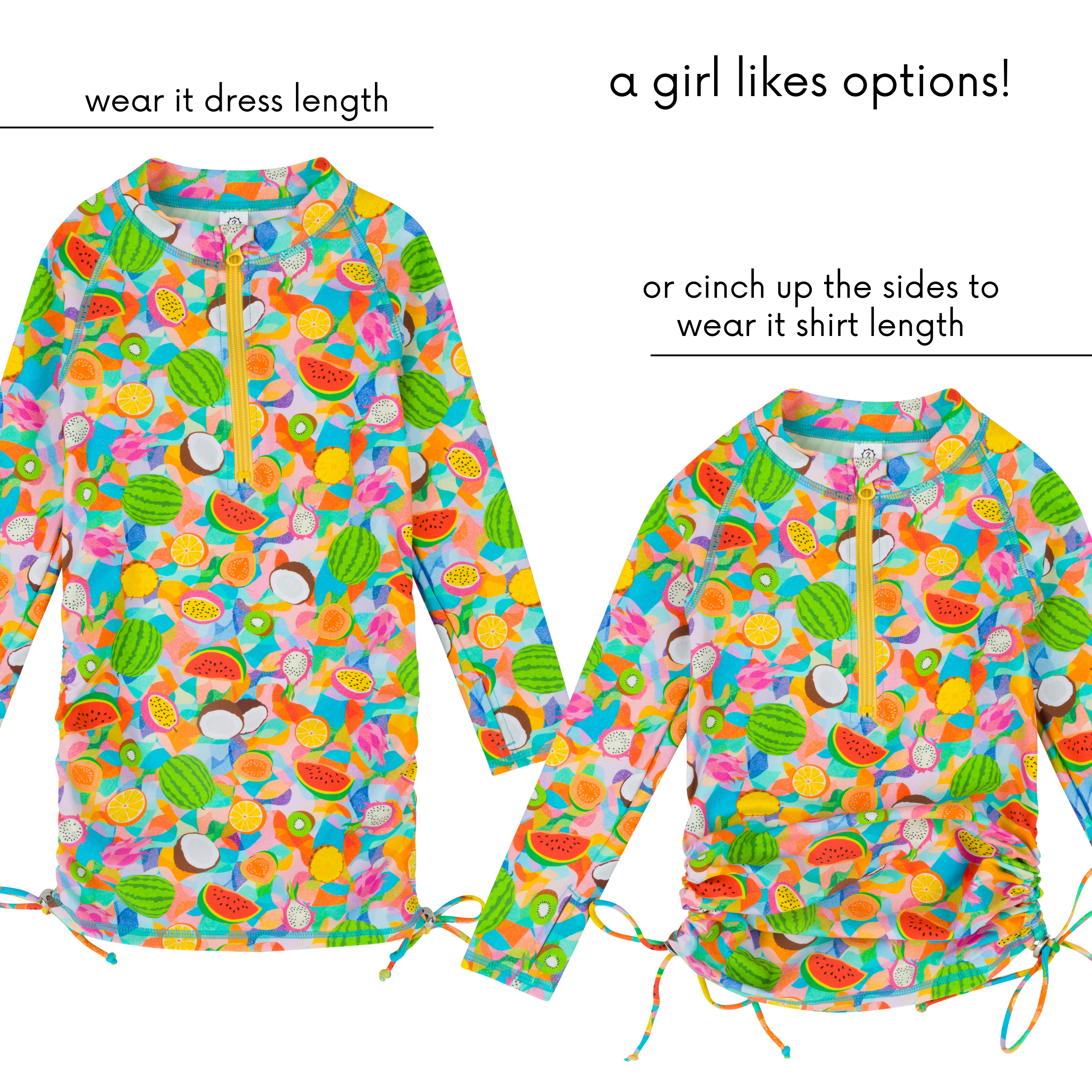 Girls Long Sleeve Swim Dress Cover Up | "Fruit Salad"-SwimZip UPF 50+ Sun Protective Swimwear & UV Zipper Rash Guards-pos6