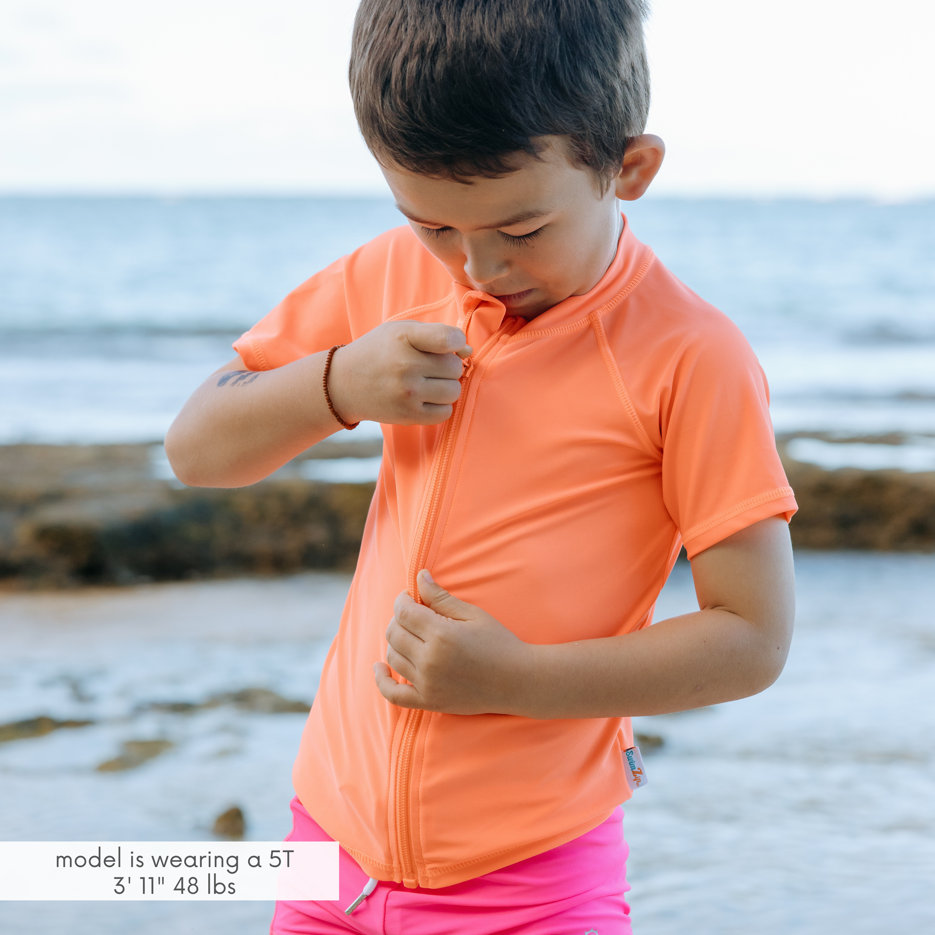 Kids Short Sleeve Zipper Rash Guard Swim Shirt | “Neon Orange”-SwimZip UPF 50+ Sun Protective Swimwear & UV Zipper Rash Guards-pos2