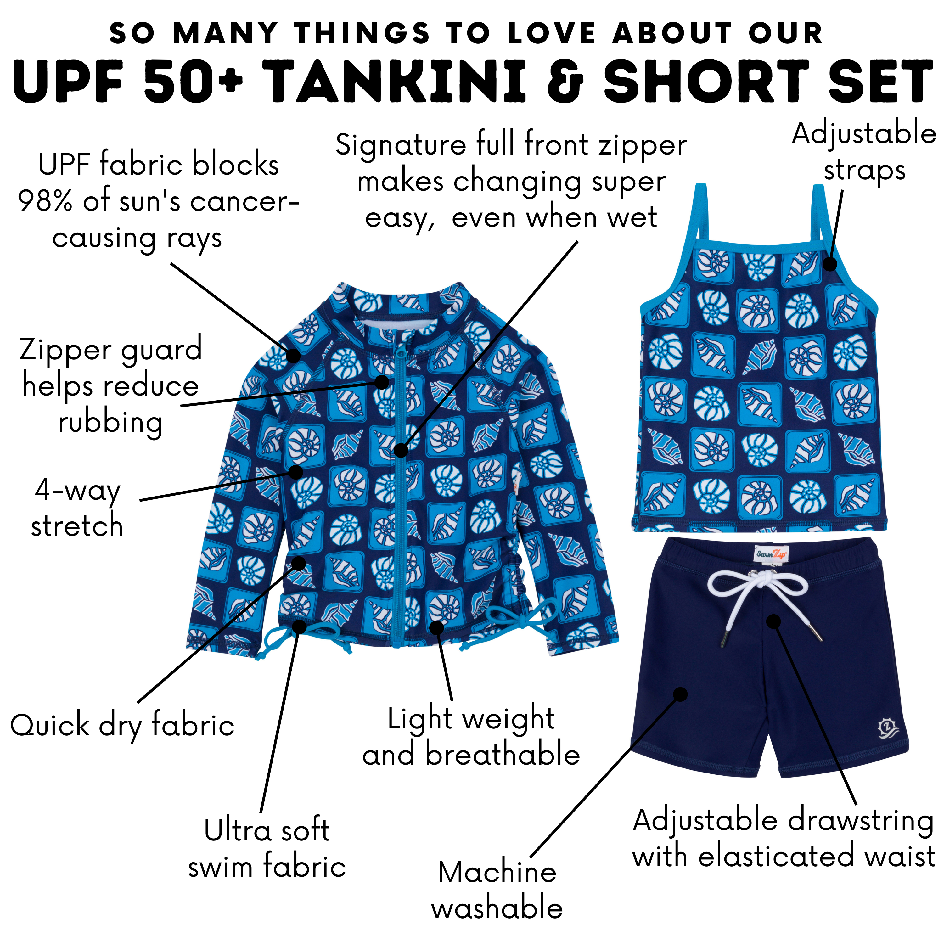 Girls Long Sleeve Rash Guard + Tankini Shorts Set (3 Piece) | "Coastal"-SwimZip UPF 50+ Sun Protective Swimwear & UV Zipper Rash Guards-pos4