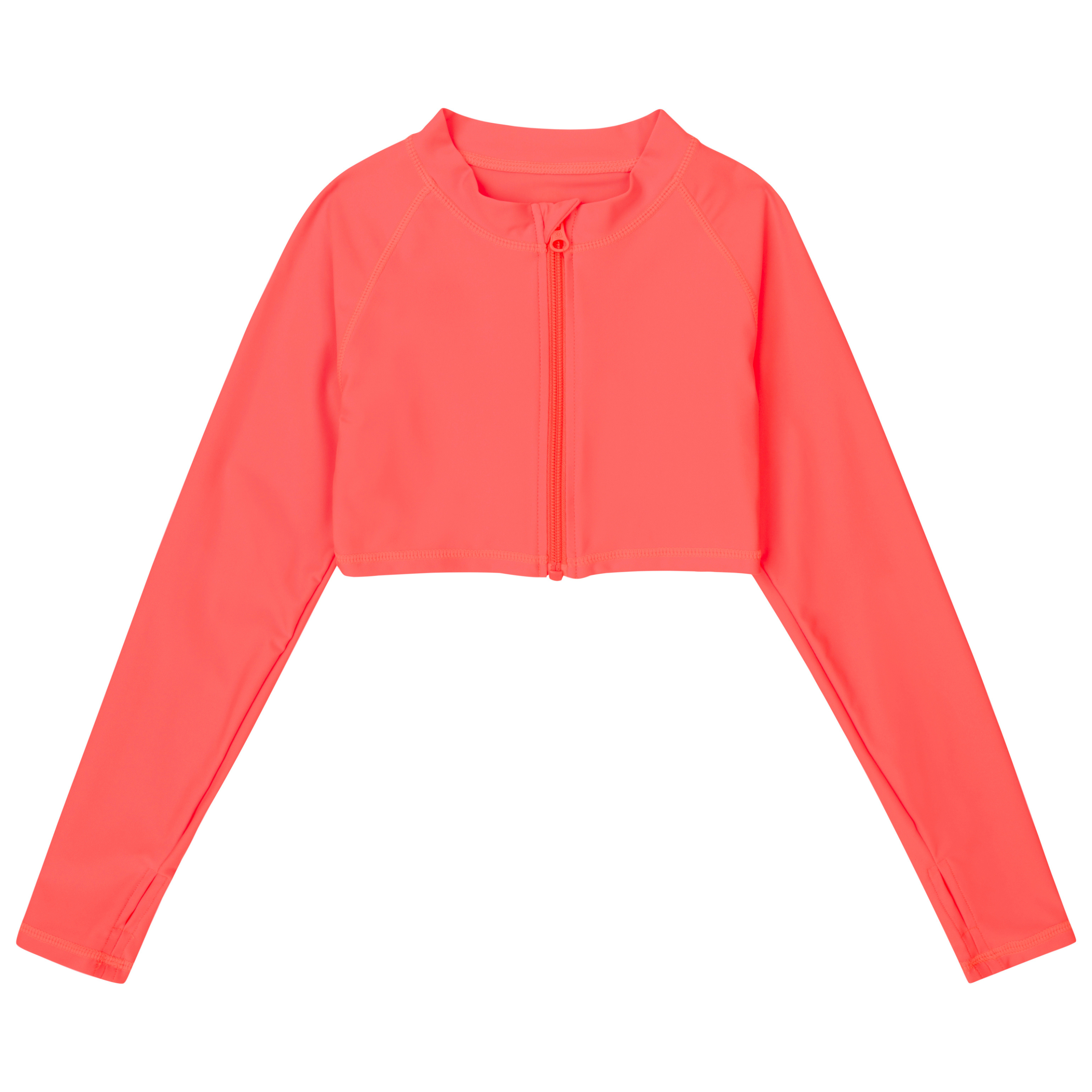 Girls Long Sleeve Crop Rash Guard | "Neon Orange"-SwimZip UPF 50+ Sun Protective Swimwear & UV Zipper Rash Guards-pos1