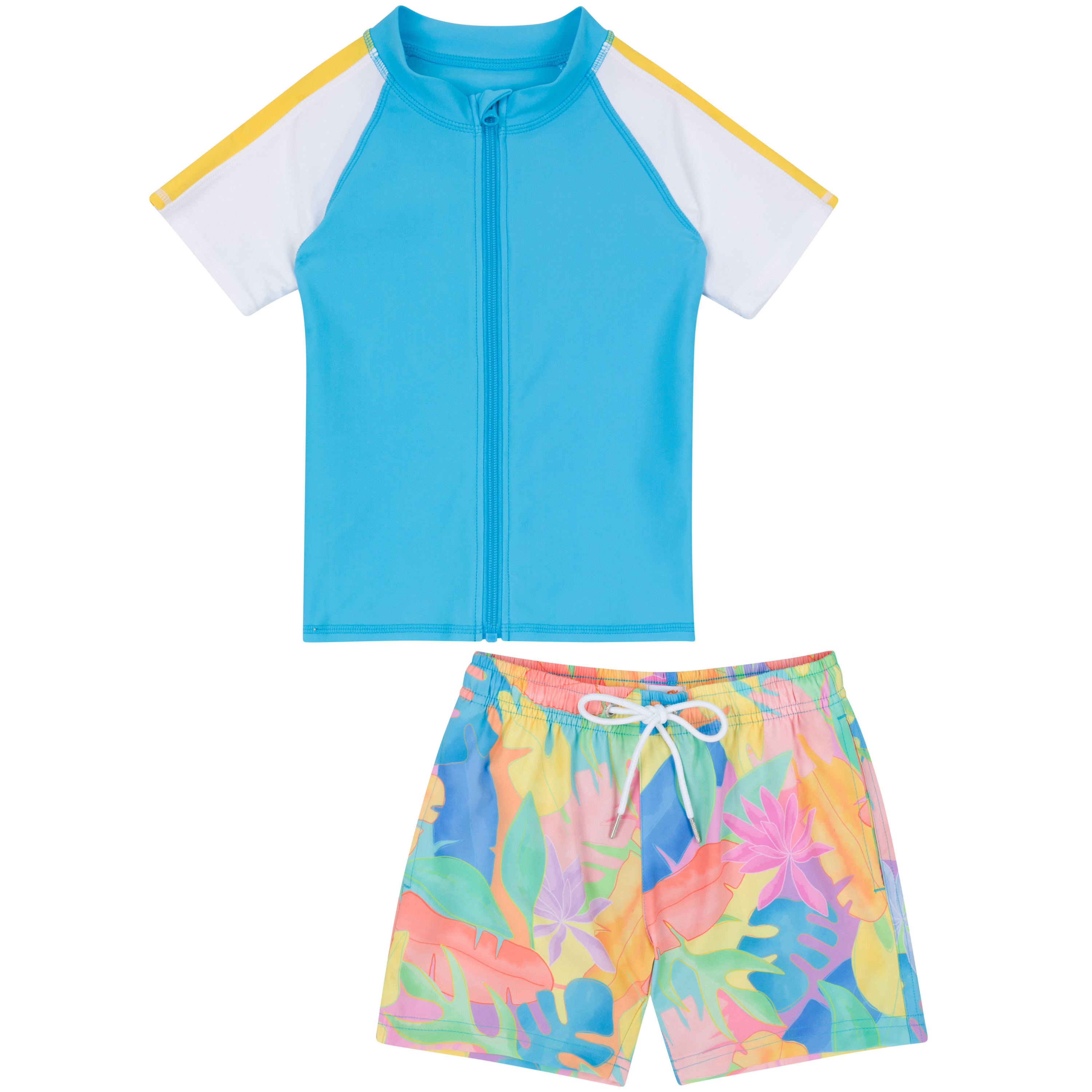 Boys Short Sleeve Zipper Rash Guard and Swim Trunk Set | "Vibrant Vacay"-SwimZip UPF 50+ Sun Protective Swimwear & UV Zipper Rash Guards-pos1