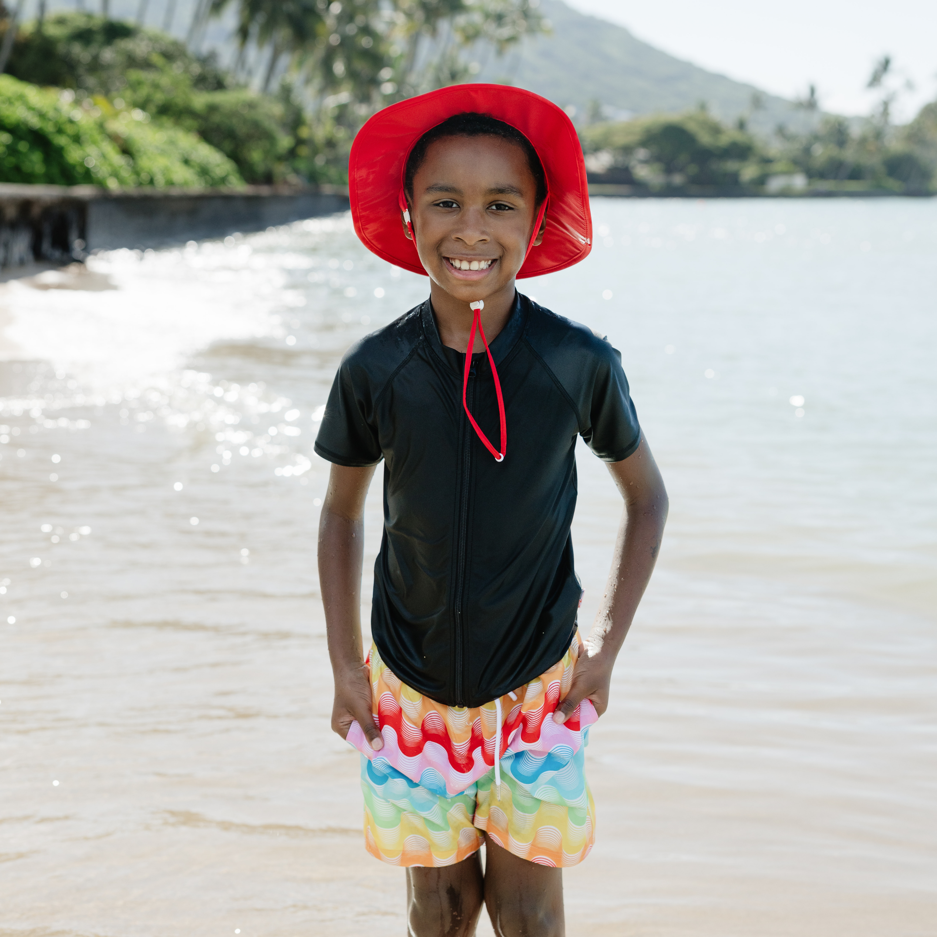 Kids Wide Brim Sun Hat "Fun Sun Day Play Hat" - Red-SwimZip UPF 50+ Sun Protective Swimwear & UV Zipper Rash Guards-pos12