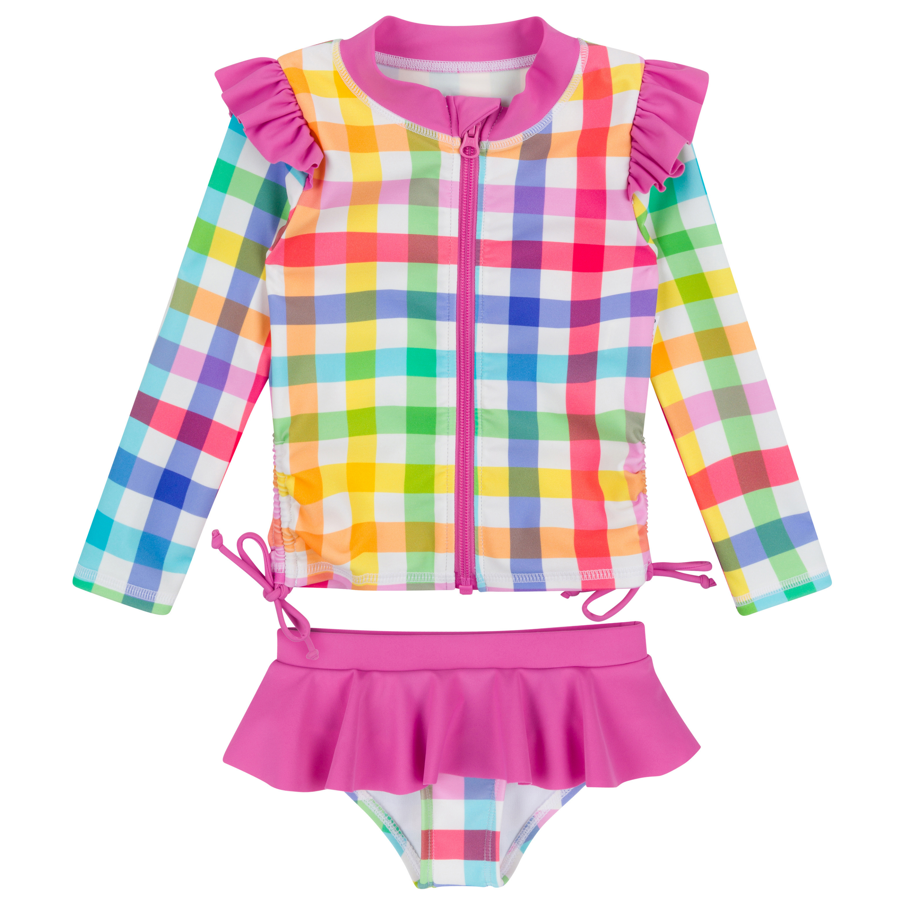 Girls Long Sleeve Rash Guard Ruffle Bottom Swimsuit Set (2 Piece) | "Picnic Party"-6-12 Month-Picnic Party-SwimZip UPF 50+ Sun Protective Swimwear & UV Zipper Rash Guards-pos1