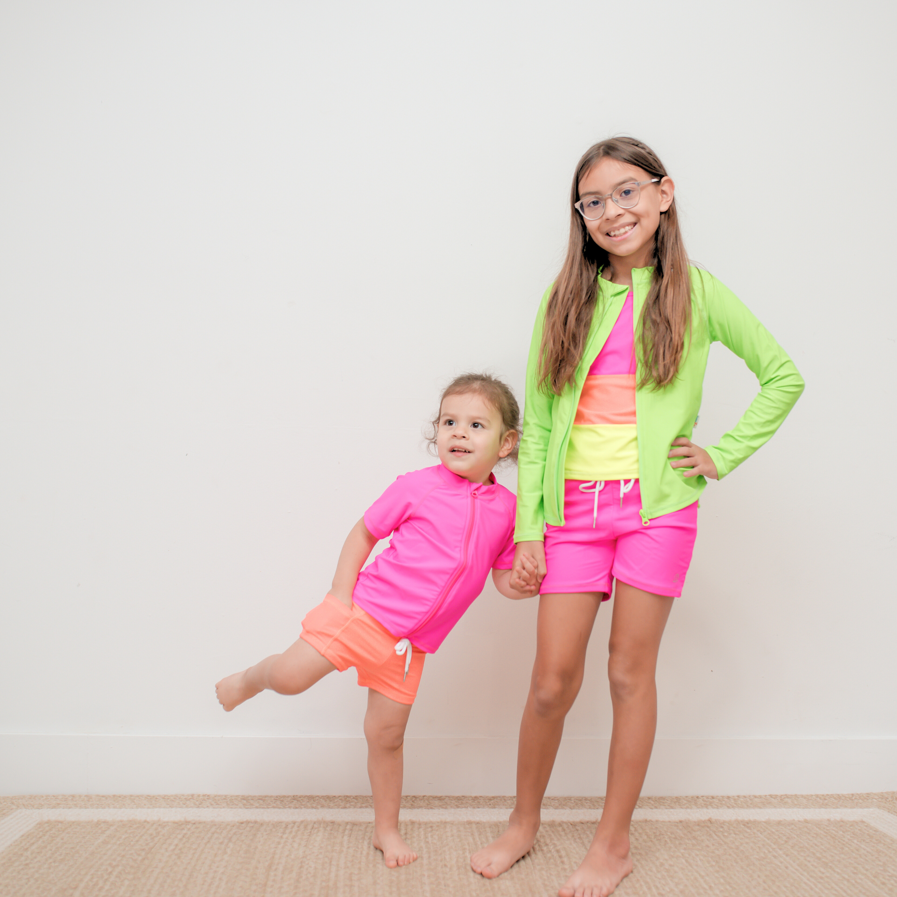 Girls Long Sleeve Rash Guard + Tankini Shorts Set (3 Piece) | "Neon Sunrise"-SwimZip UPF 50+ Sun Protective Swimwear & UV Zipper Rash Guards-pos12