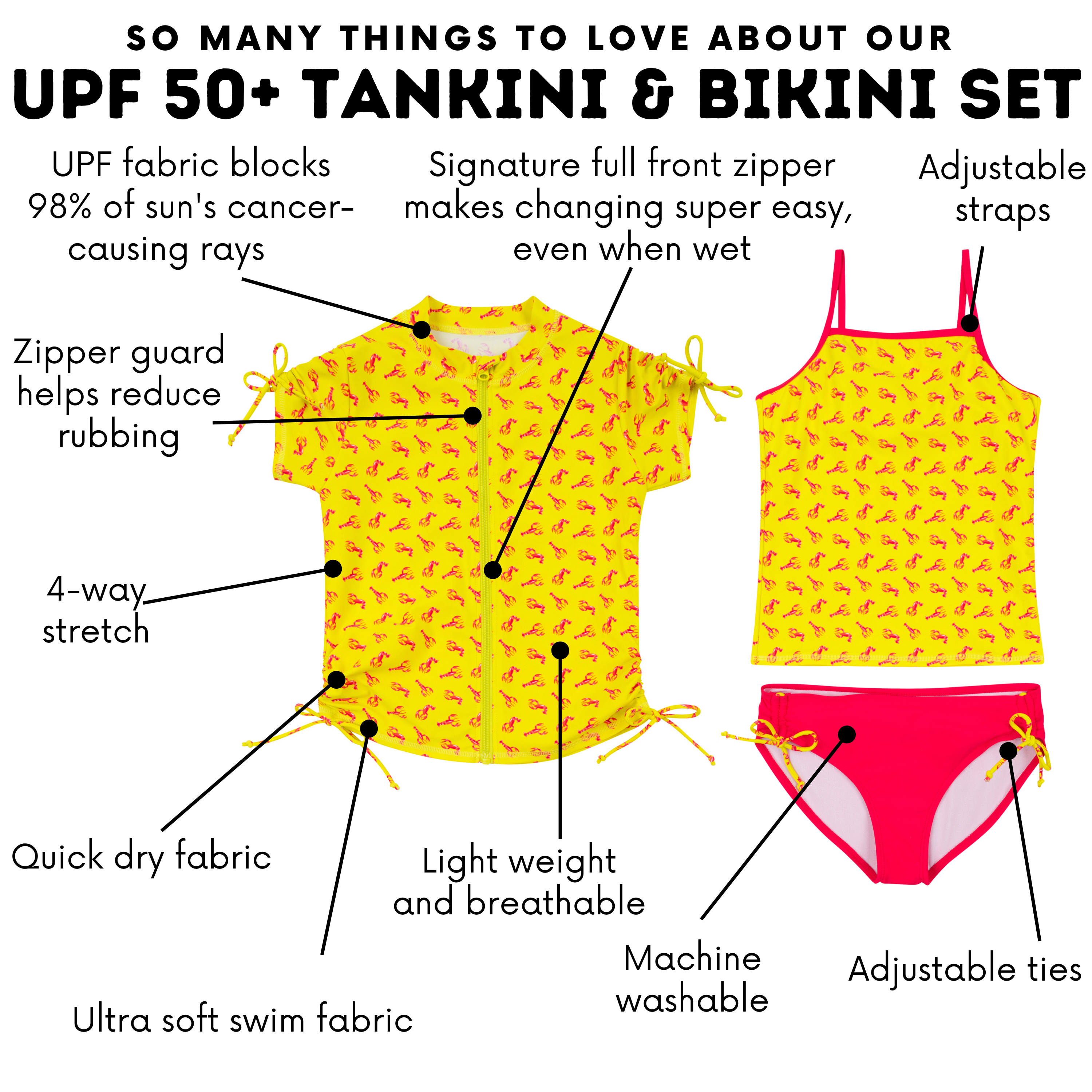 Girls Short Sleeve Rash Guard + Tankini Bikini Set (3 Piece) | "Lobster"-SwimZip UPF 50+ Sun Protective Swimwear & UV Zipper Rash Guards-pos4