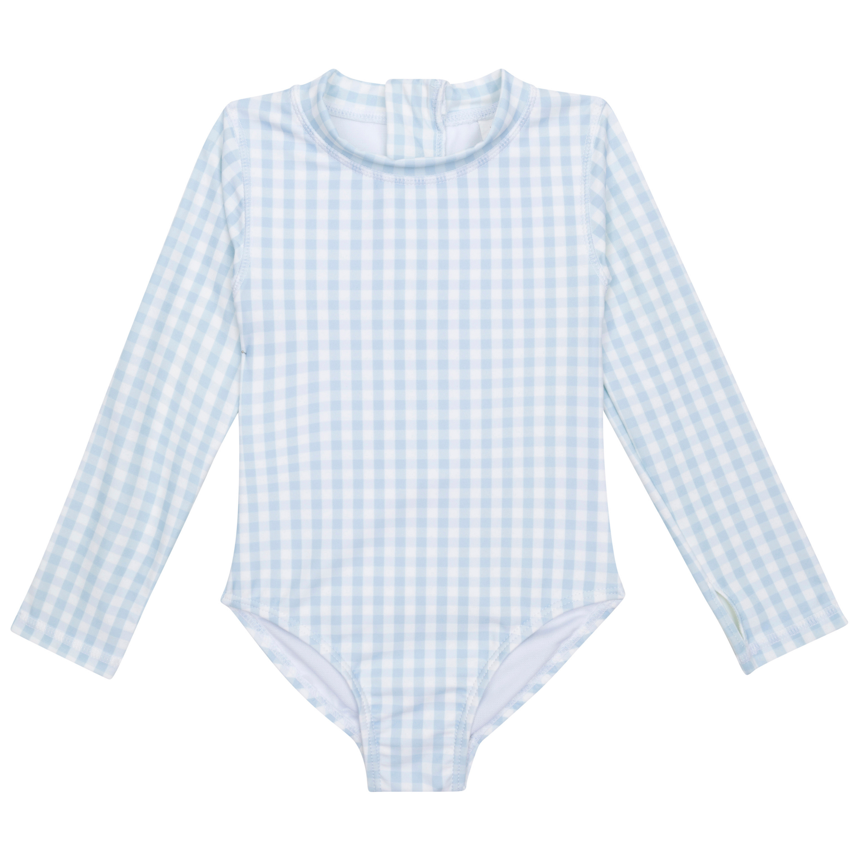 Girls Long Sleeve Surf Suit (One Piece Bodysuit) | "Blue Gingham"-0-3 Month-Blue Gingham-SwimZip UPF 50+ Sun Protective Swimwear & UV Zipper Rash Guards-pos1