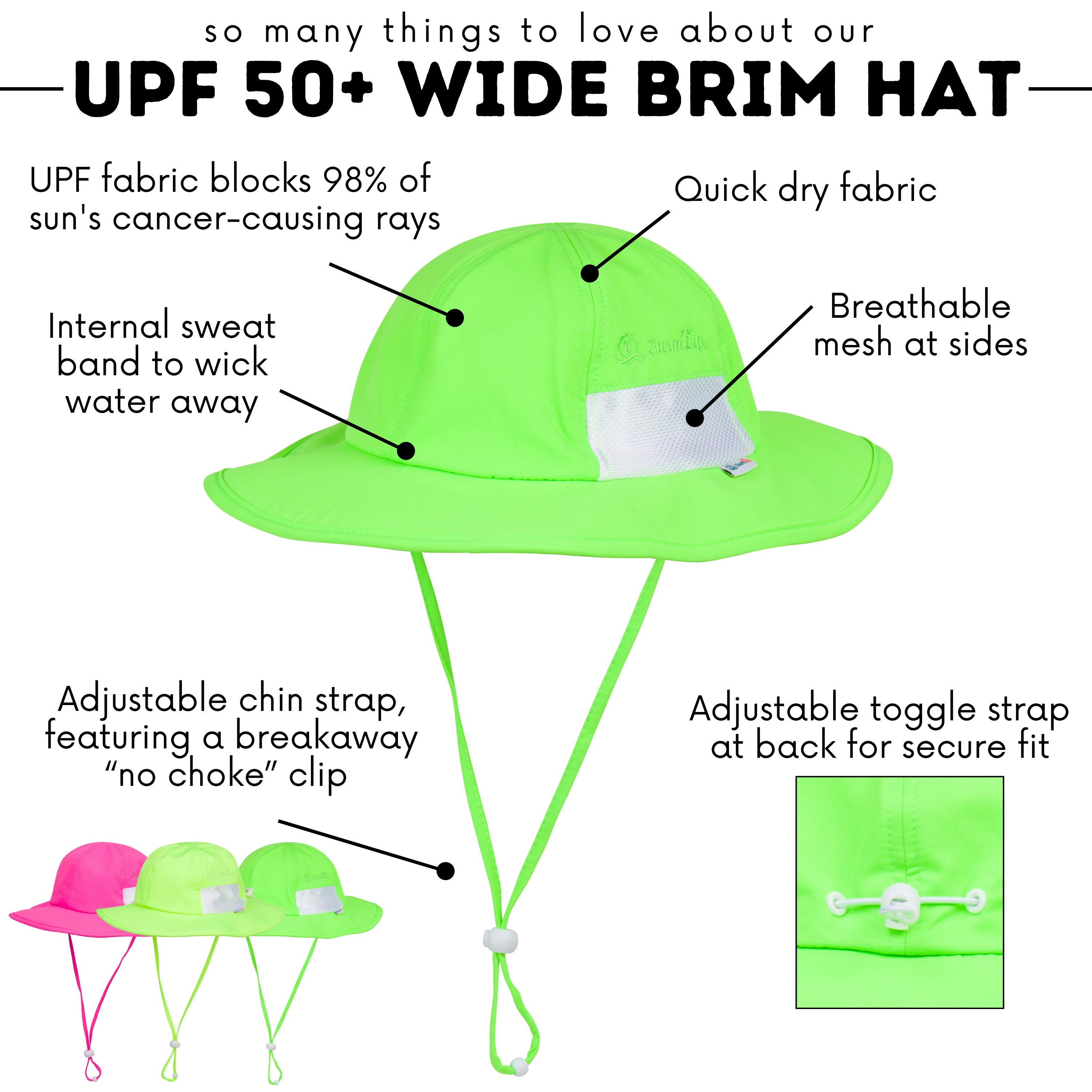 Kids Wide Brim Sun Hat "Fun Sun Day Play Hat" - Neon Lime Green-SwimZip UPF 50+ Sun Protective Swimwear & UV Zipper Rash Guards-pos4