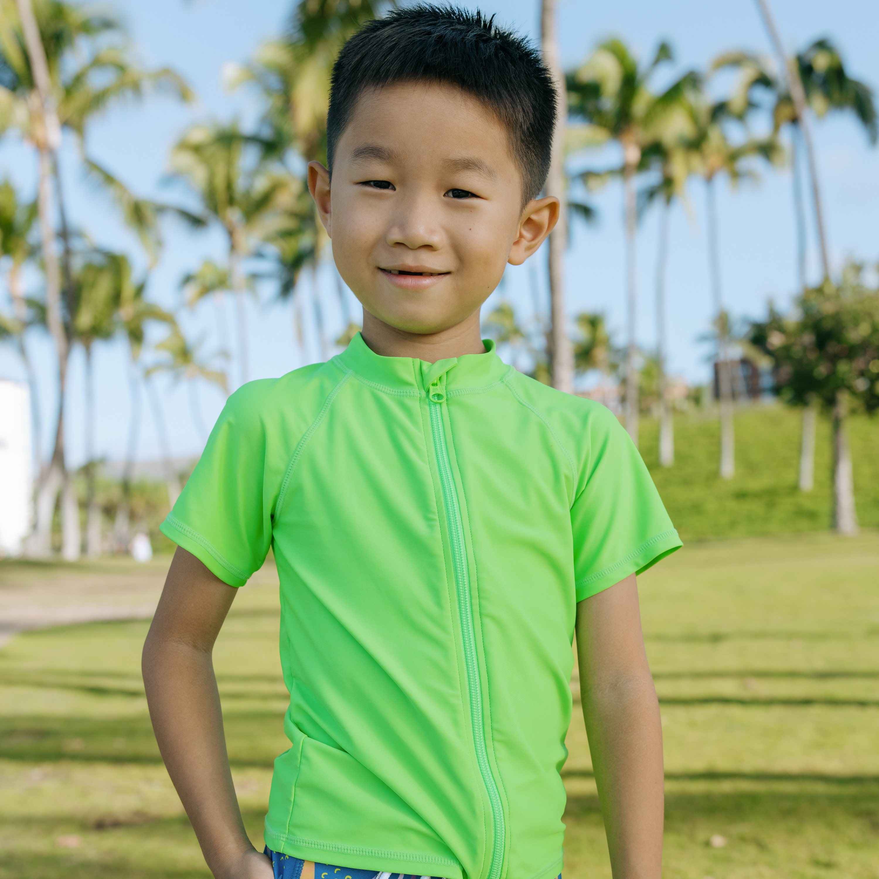 Kids Short-Sleeve Zipper Rash Guard Swim Shirt | Neon Green-SwimZip UPF 50+ Sun Protective Swimwear & UV Zipper Rash Guards-pos8