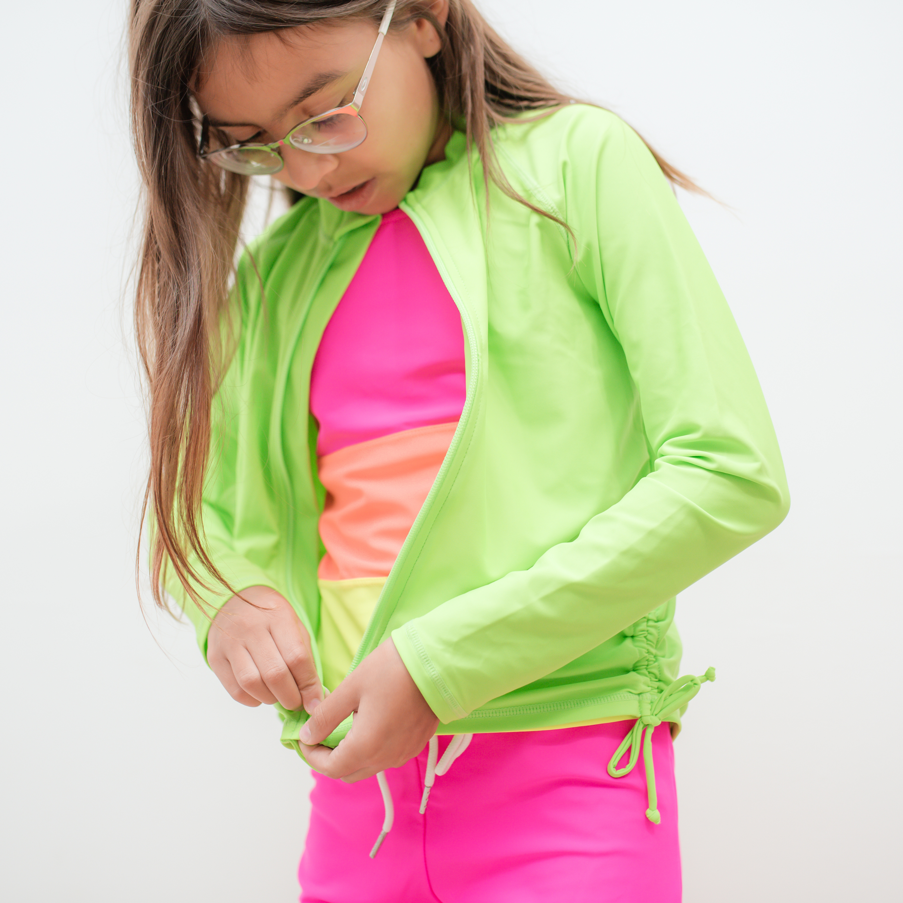 Girls Long Sleeve Rash Guard + Tankini Shorts Set (3 Piece) | "Neon Sunrise"-SwimZip UPF 50+ Sun Protective Swimwear & UV Zipper Rash Guards-pos13