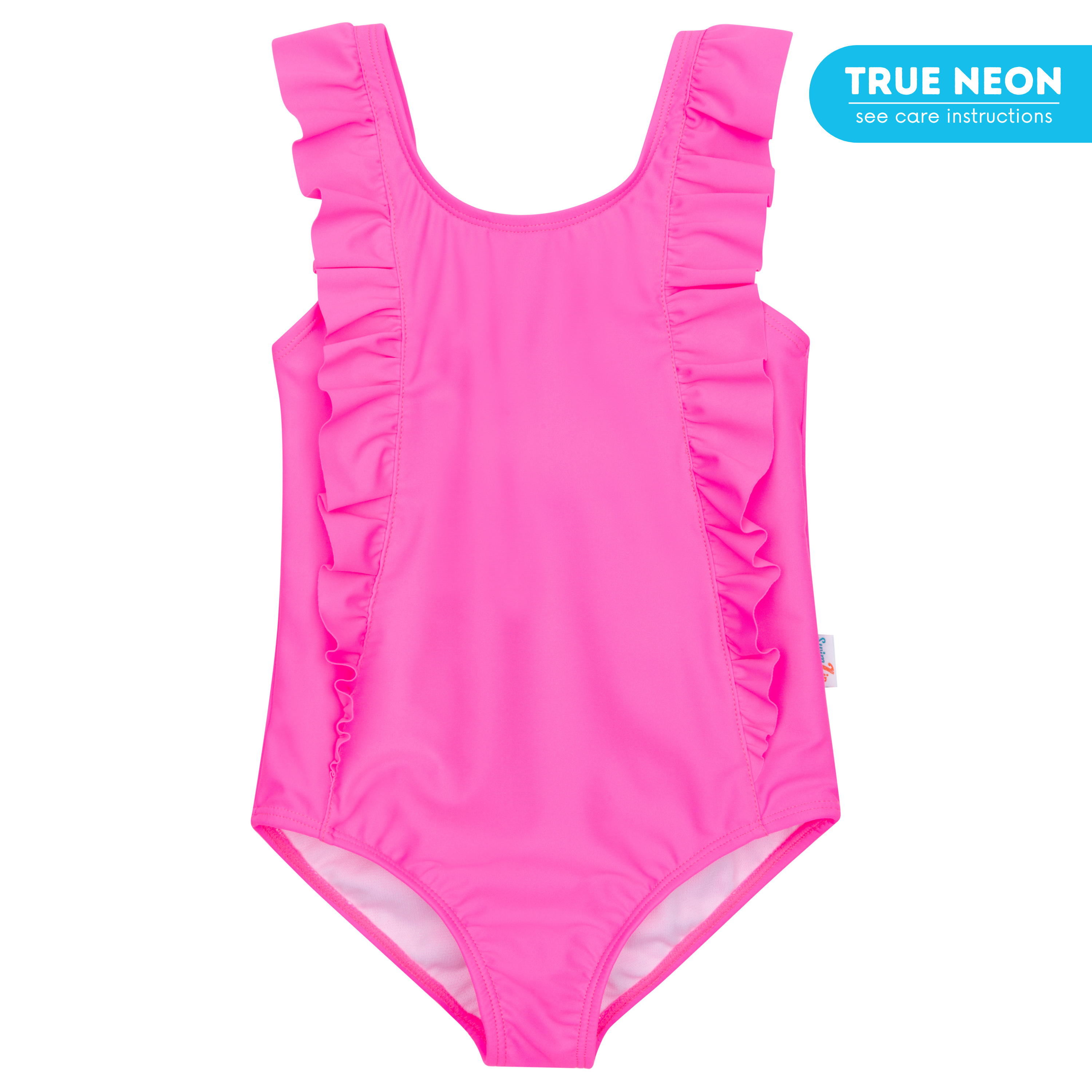 Girls Ruffle One-Piece Swimsuit | "Too Sweet" Neon Pink-6-12 Month-Neon Pink-SwimZip UPF 50+ Sun Protective Swimwear & UV Zipper Rash Guards-pos1