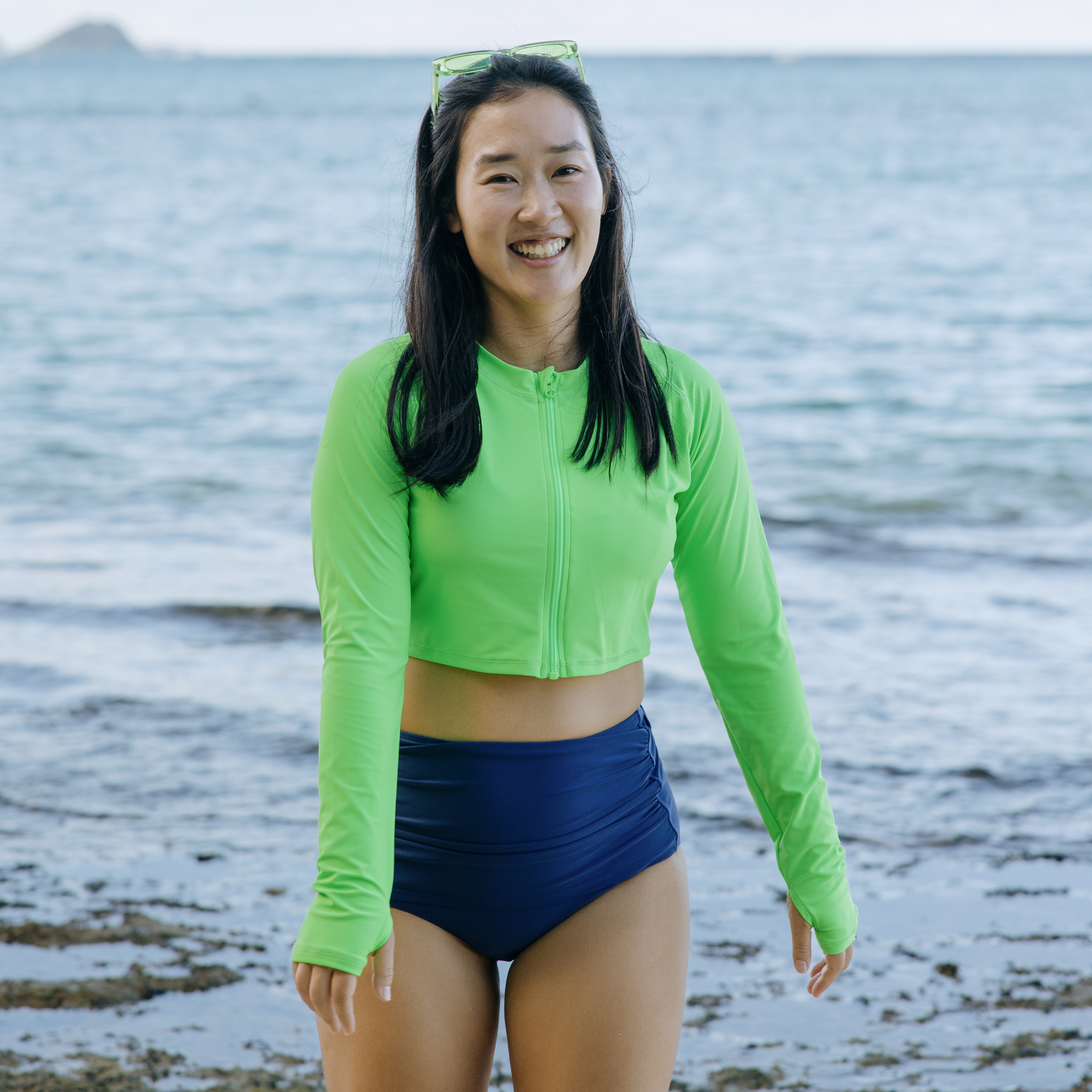 Women's Long Sleeve Crop Rash Guard | “Neon Green”-SwimZip UPF 50+ Sun Protective Swimwear & UV Zipper Rash Guards-pos9