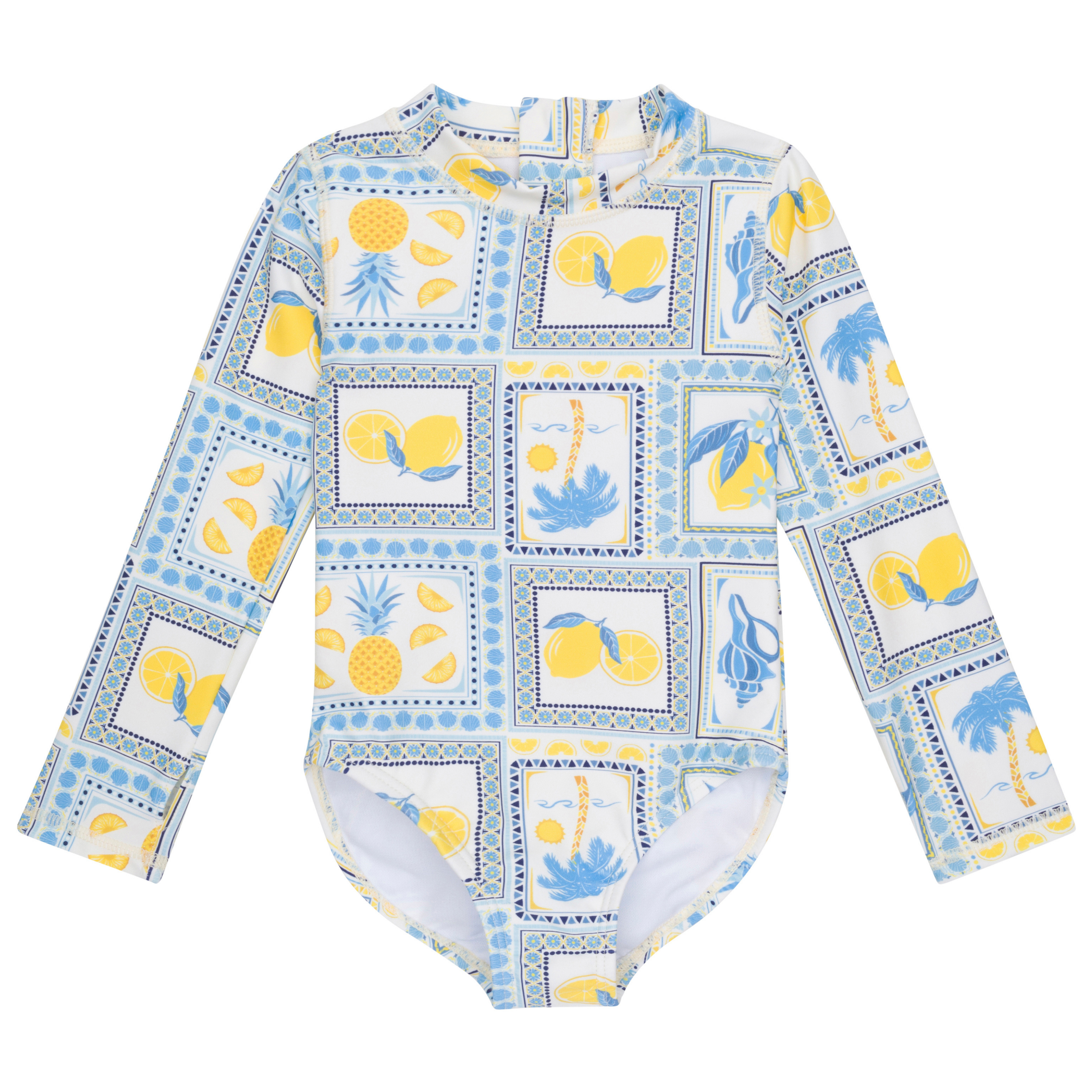 Girls Long Sleeve Surf Suit (One Piece Bodysuit) | "Mediterranean Lemons"-0-3 Month-Mediterranean Lemons-SwimZip UPF 50+ Sun Protective Swimwear & UV Zipper Rash Guards-pos1