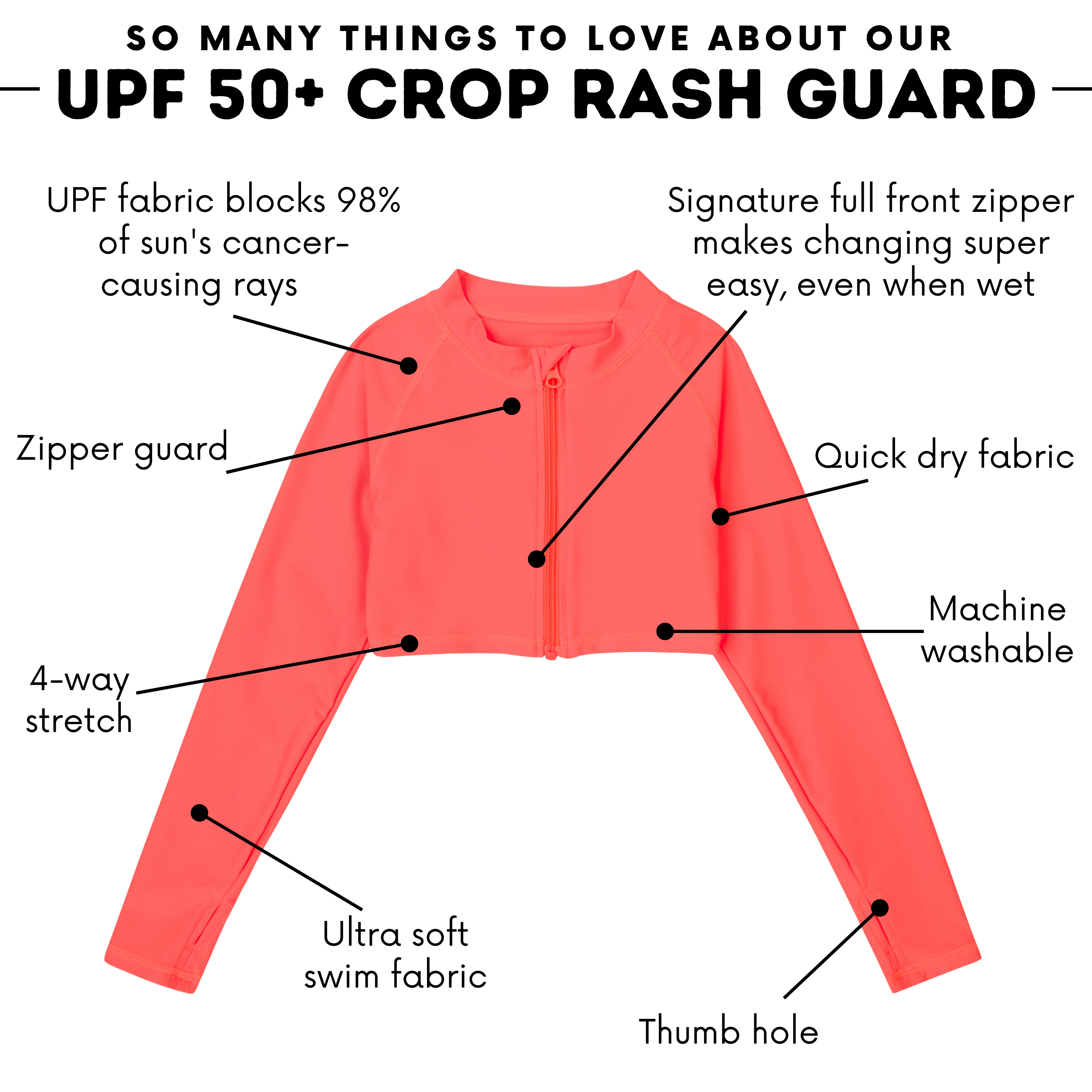 Girls Long Sleeve Crop Rash Guard | "Neon Orange"-SwimZip UPF 50+ Sun Protective Swimwear & UV Zipper Rash Guards-pos4