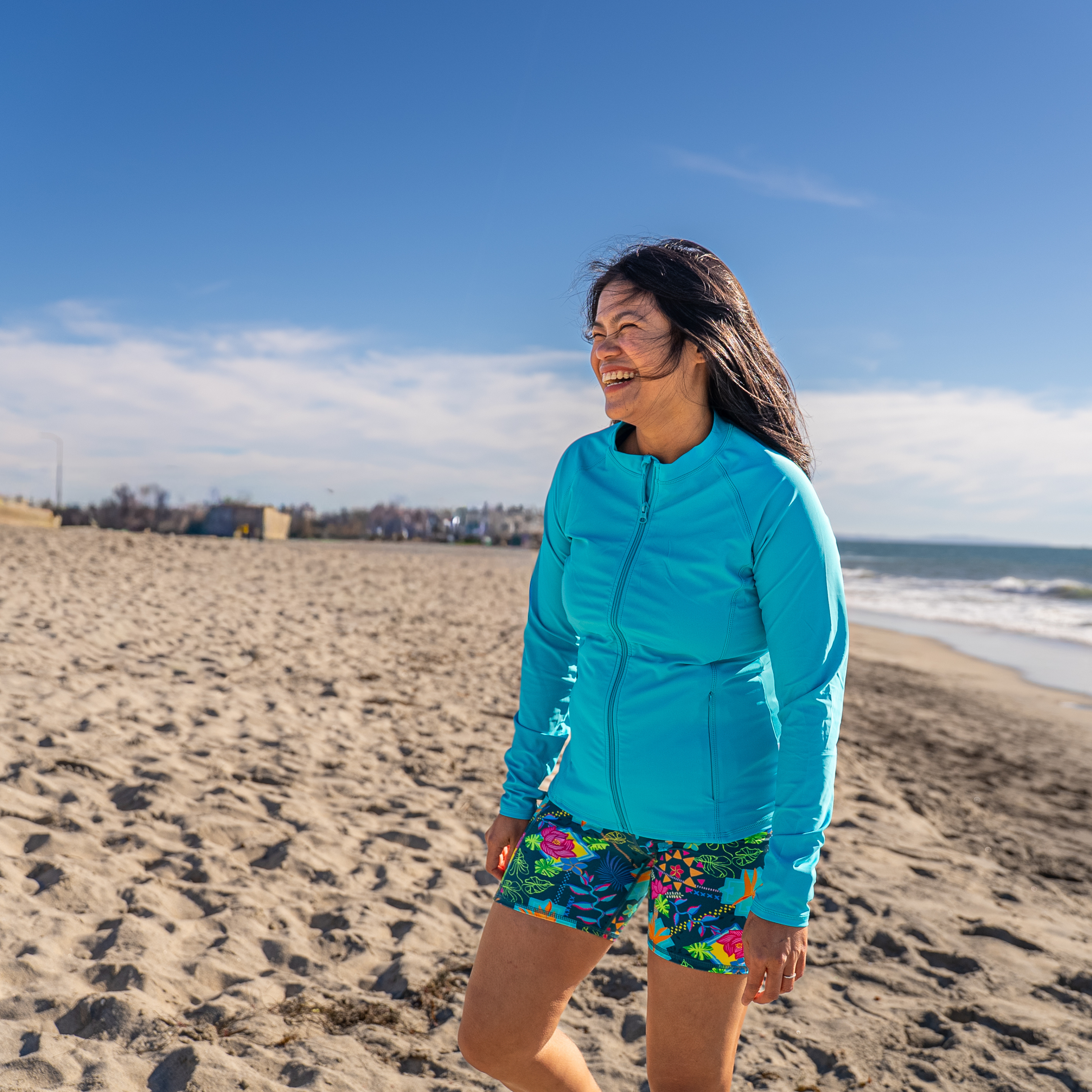 Women's Long Sleeve Rash Guard with Pockets | "Scuba Blue"-SwimZip UPF 50+ Sun Protective Swimwear & UV Zipper Rash Guards-pos2