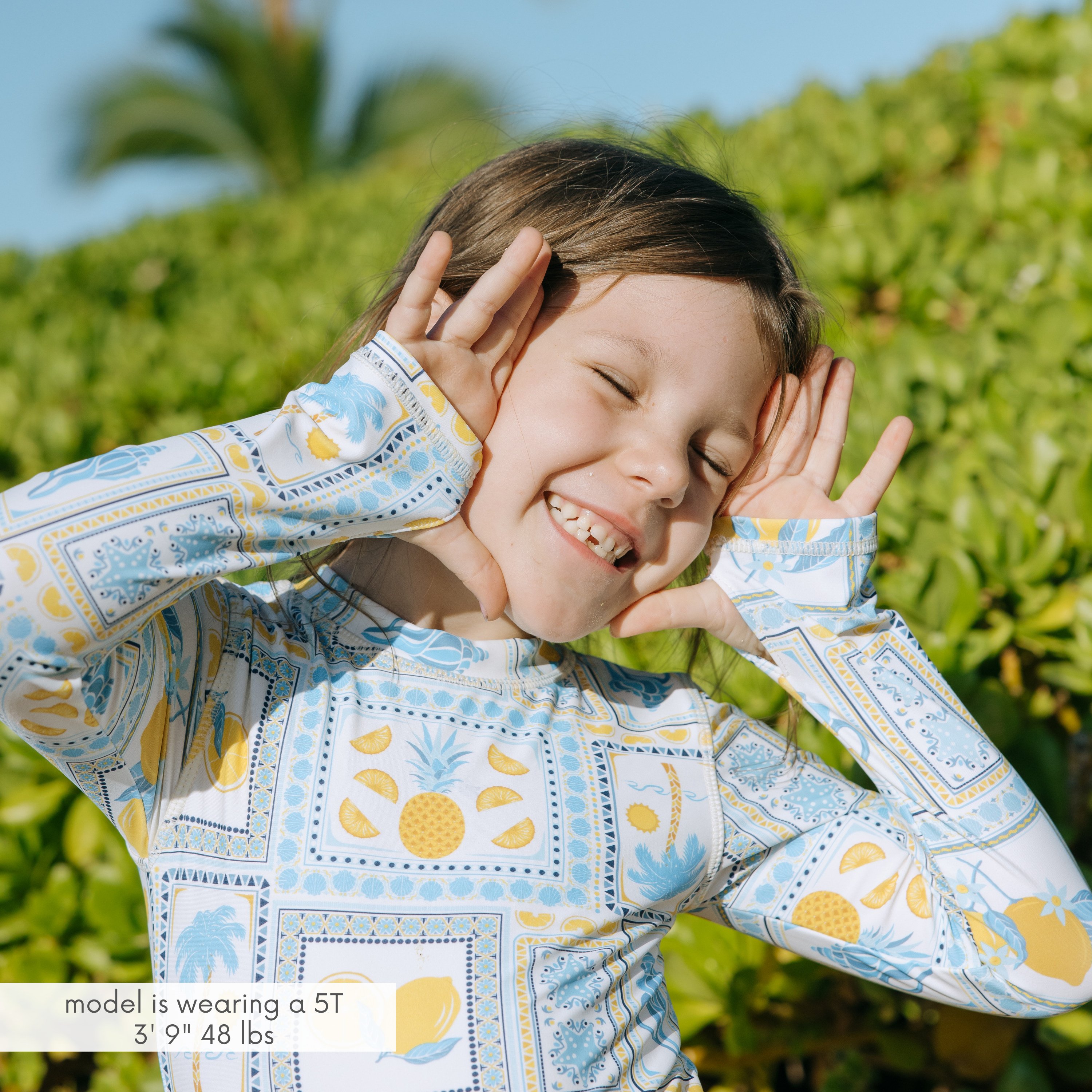 Girls Long Sleeve Surf Suit (One Piece Bodysuit) | "Mediterranean Lemons"-SwimZip UPF 50+ Sun Protective Swimwear & UV Zipper Rash Guards-pos2