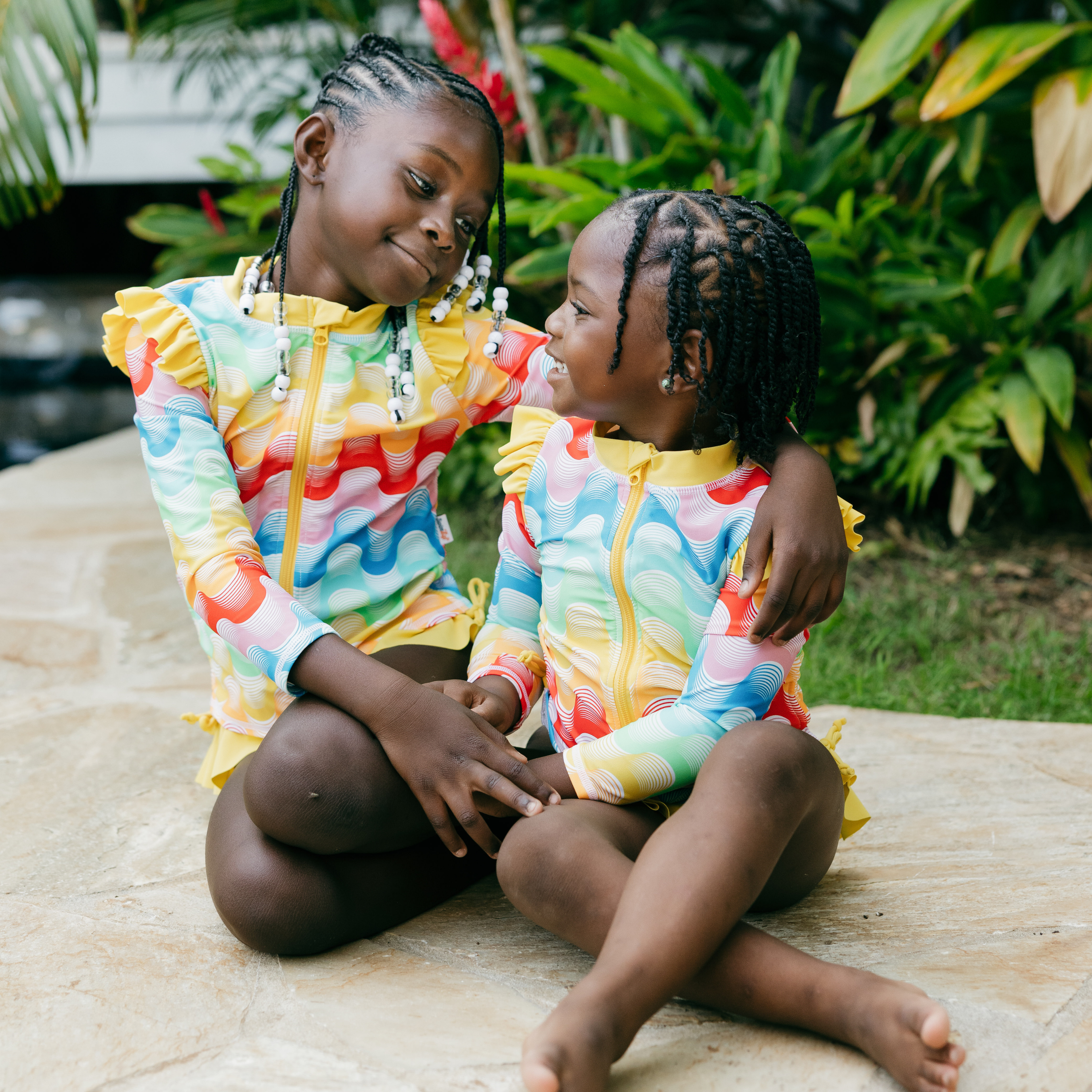 Girls Long Sleeve Rash Guard Ruffle Bottom Swimsuit Set (2 Piece) | "Surf's Up"-SwimZip UPF 50+ Sun Protective Swimwear & UV Zipper Rash Guards-pos14