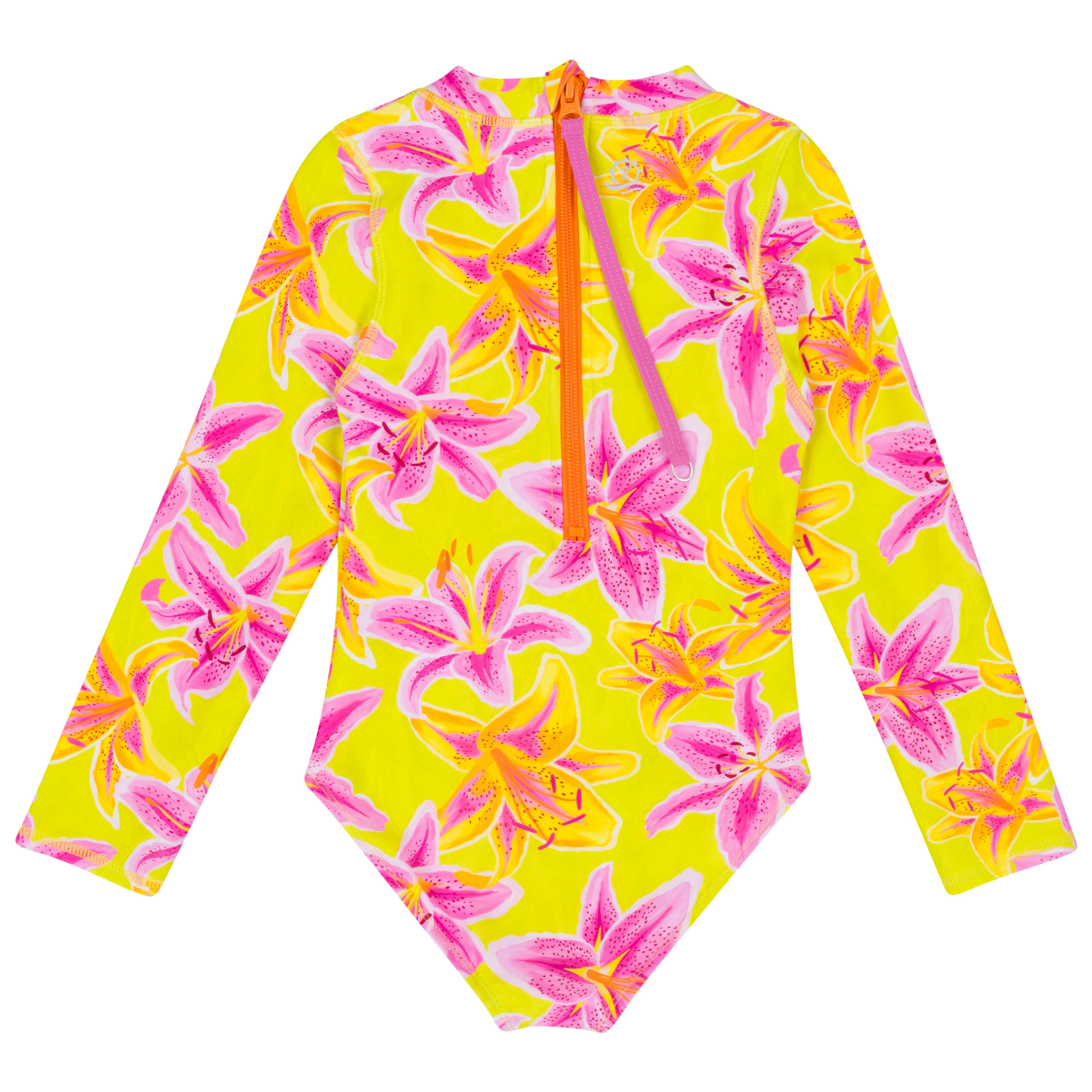 Girls Long Sleeve Surf Suit (One Piece Bodysuit) | "Floral Takeover"-SwimZip UPF 50+ Sun Protective Swimwear & UV Zipper Rash Guards-pos14