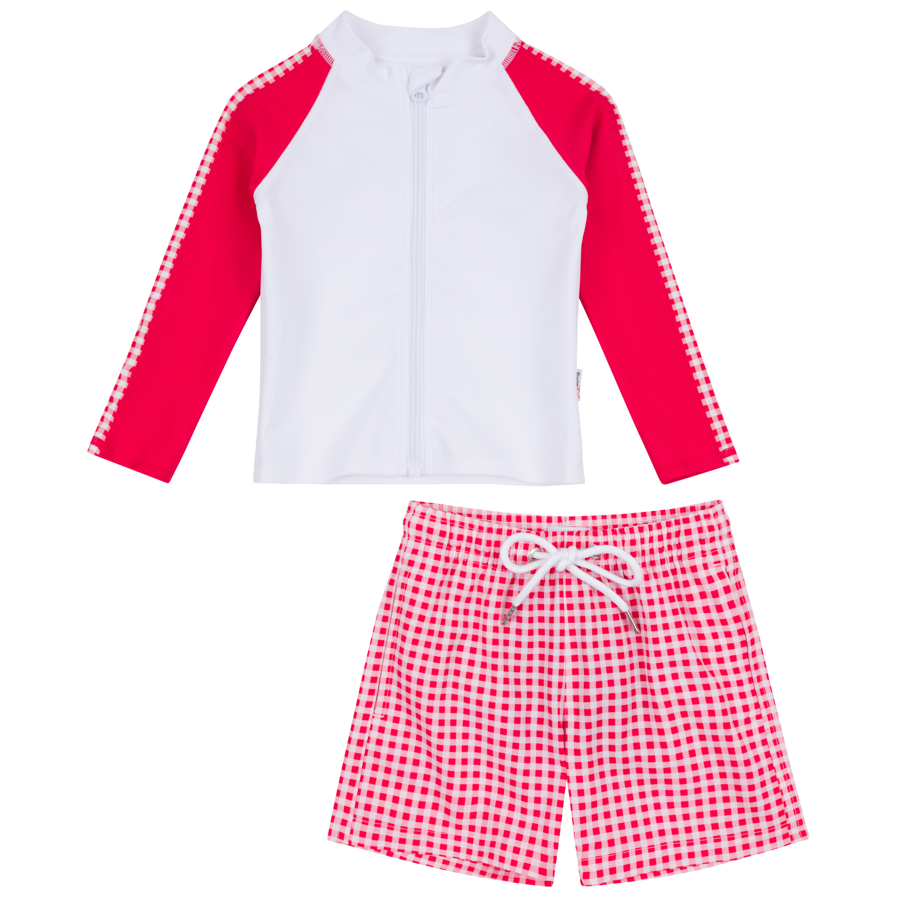 Boys Long Sleeve Zipper Rash Guard and Swim Trunk Set | "Red Gingham"-0-3 Month-Red Gingham-SwimZip UPF 50+ Sun Protective Swimwear & UV Zipper Rash Guards-pos1