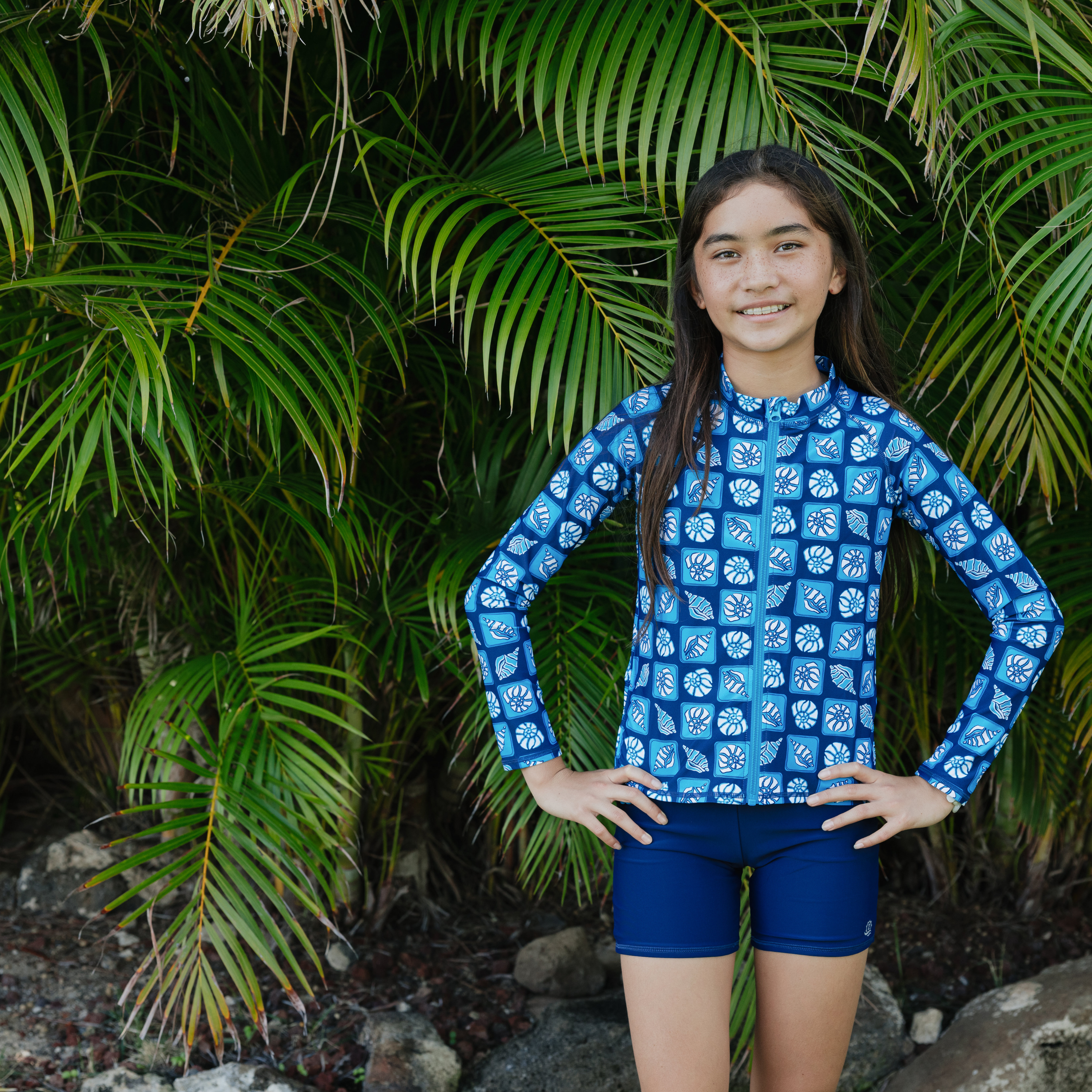 Girls Long Sleeve Rash Guard + Tankini Shorts Set (3 Piece) | "Coastal"-SwimZip UPF 50+ Sun Protective Swimwear & UV Zipper Rash Guards-pos8