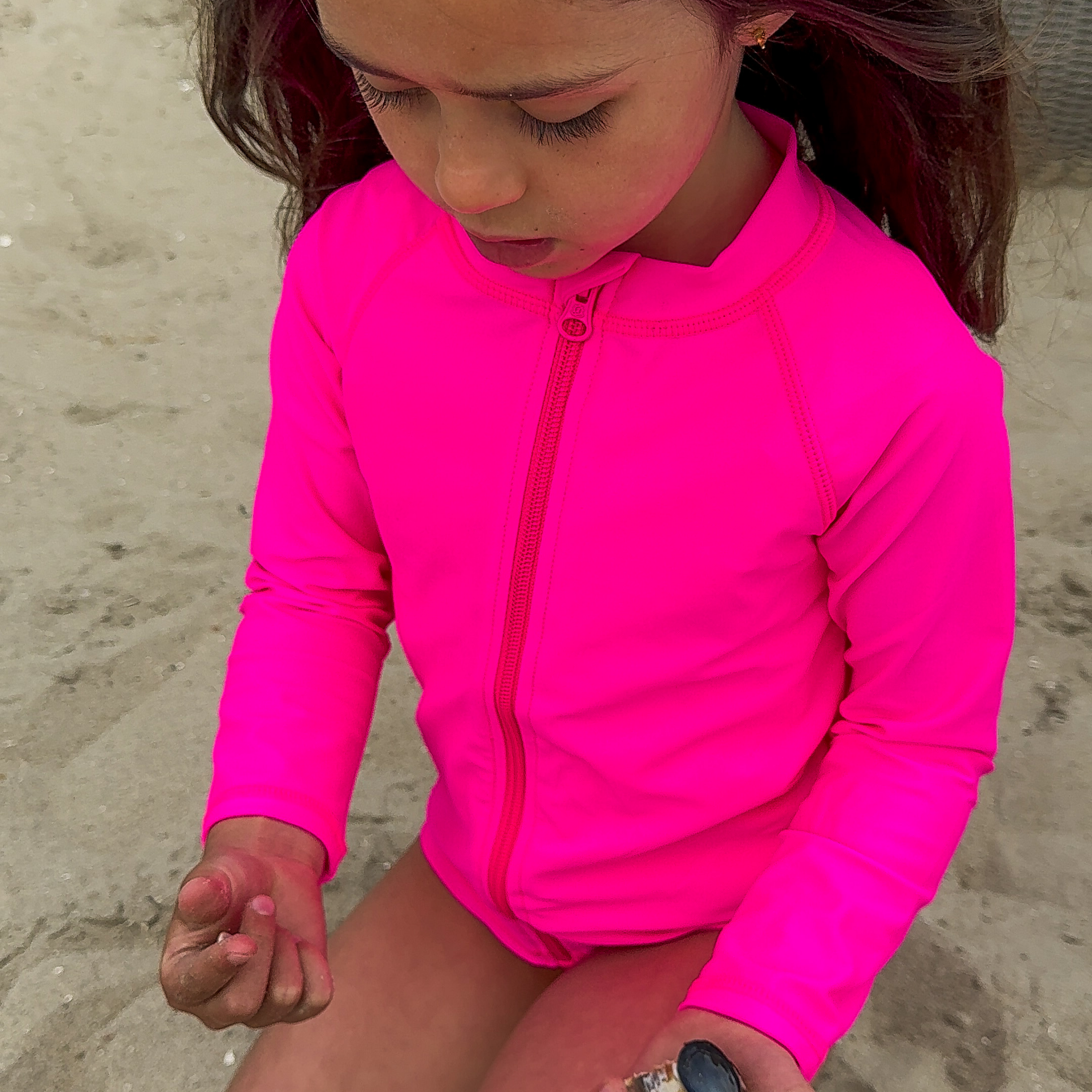 Kids UPF 50+ Long Sleeve Zipper Rash Guard Swim Shirt | "Neon Pink"-SwimZip UPF 50+ Sun Protective Swimwear & UV Zipper Rash Guards-pos6