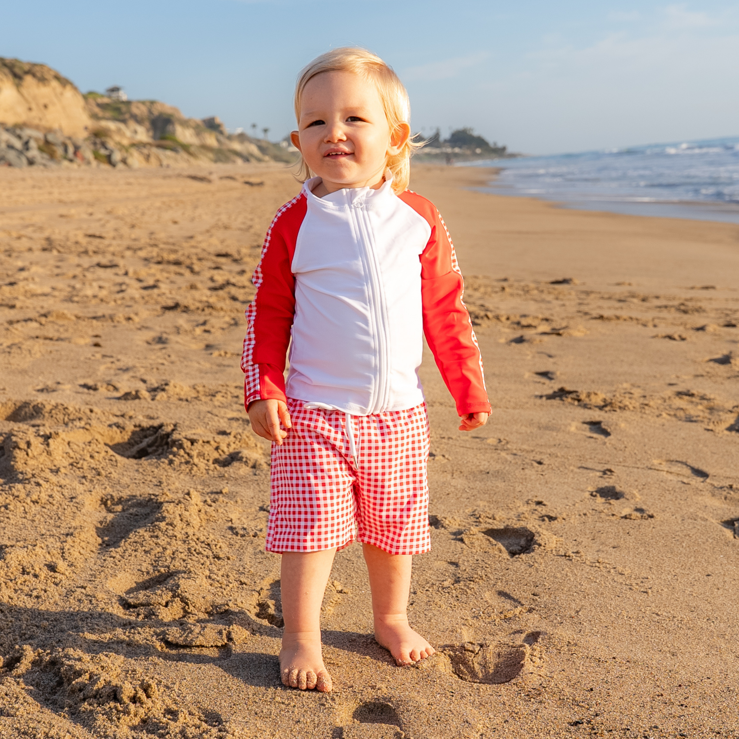 Boys Long Sleeve Zipper Rash Guard and Swim Trunk Set | "Red Gingham"-SwimZip UPF 50+ Sun Protective Swimwear & UV Zipper Rash Guards-pos2