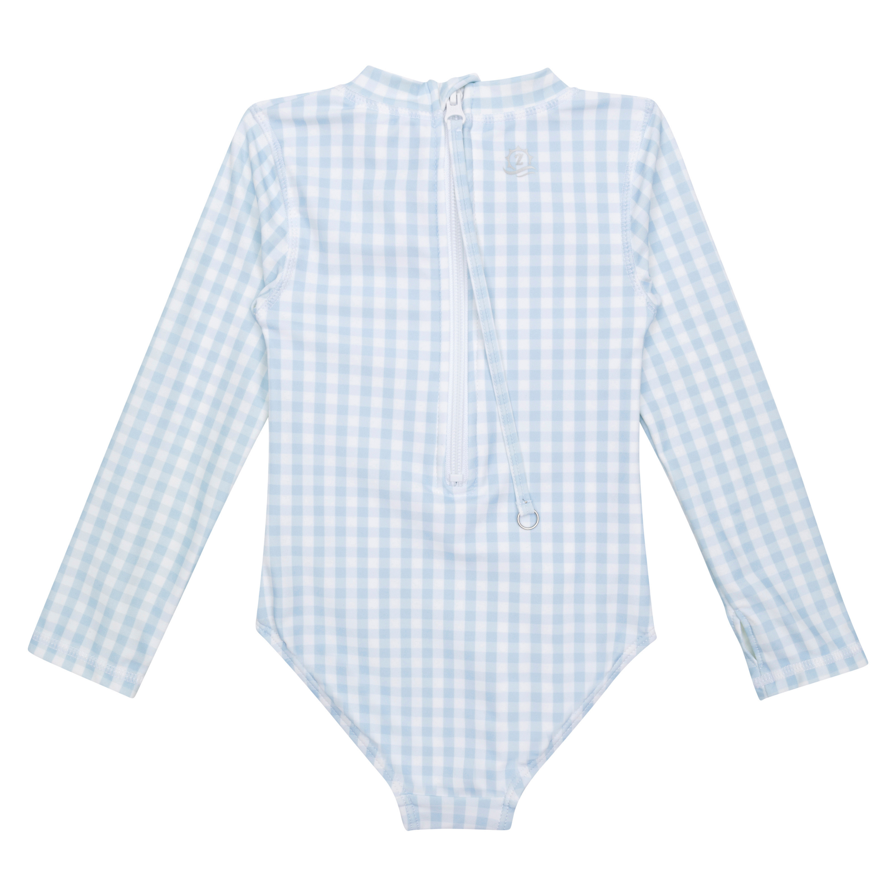 Girls Long Sleeve Surf Suit (One Piece Bodysuit) | "Blue Gingham"-SwimZip UPF 50+ Sun Protective Swimwear & UV Zipper Rash Guards-pos7