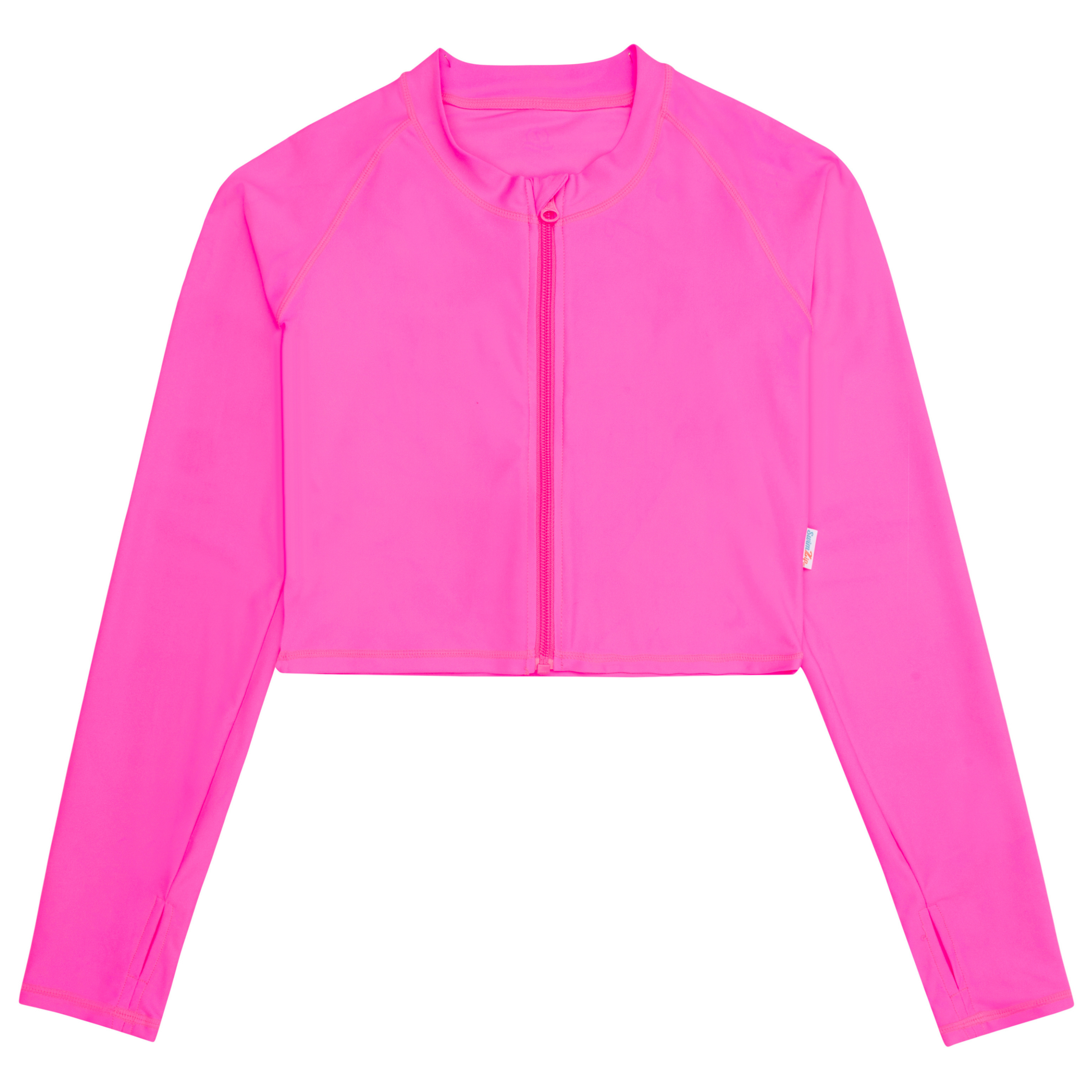 Women's Long Sleeve Crop Rash Guard | “Neon Pink”-XS-Neon Pink-SwimZip UPF 50+ Sun Protective Swimwear & UV Zipper Rash Guards-pos1