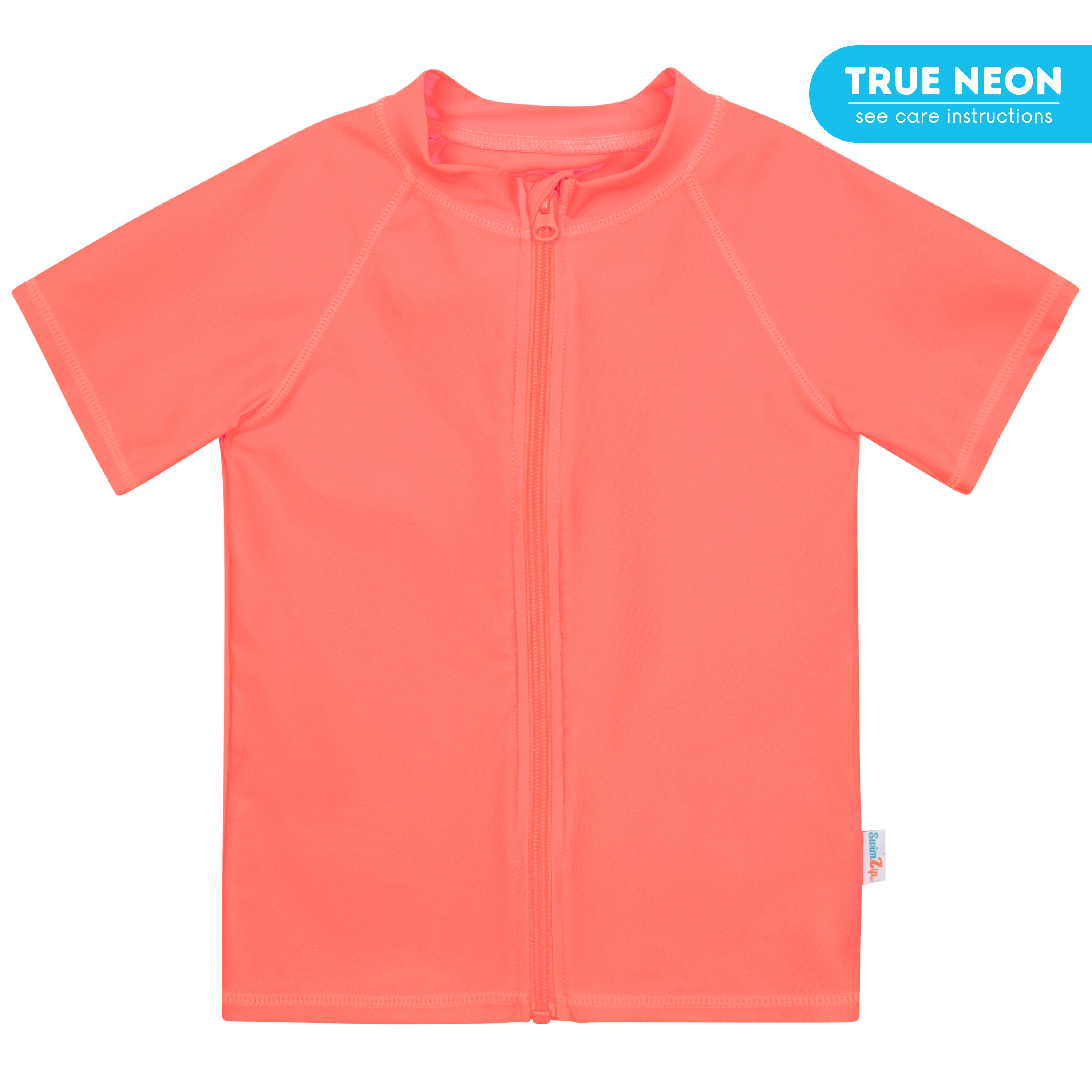 Kids Short Sleeve Zipper Rash Guard Swim Shirt | “Neon Orange”-6-12 Month-Neon Orange-SwimZip UPF 50+ Sun Protective Swimwear & UV Zipper Rash Guards-pos1