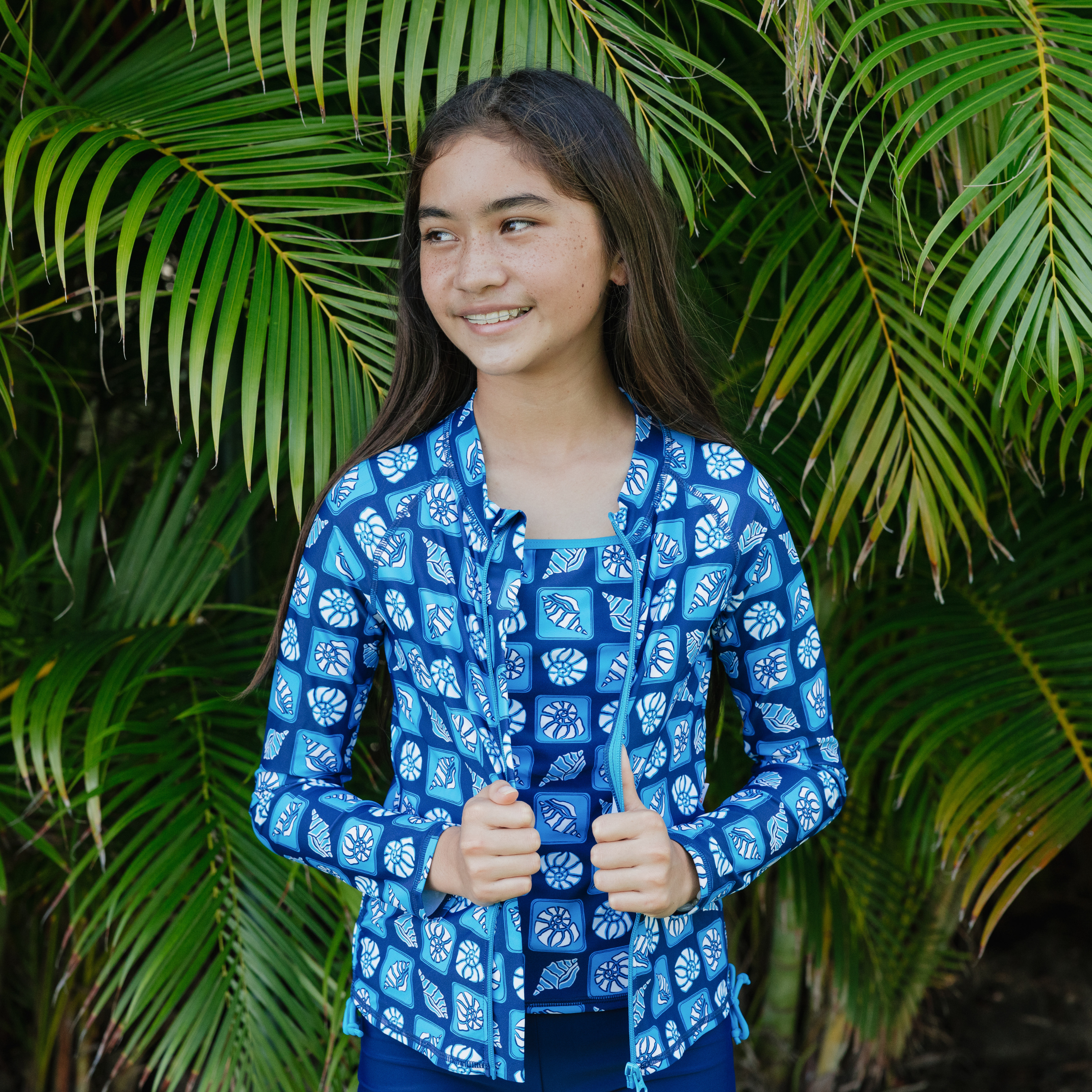 Girls Long Sleeve Rash Guard + Tankini Shorts Set (3 Piece) | "Coastal"-SwimZip UPF 50+ Sun Protective Swimwear & UV Zipper Rash Guards-pos9