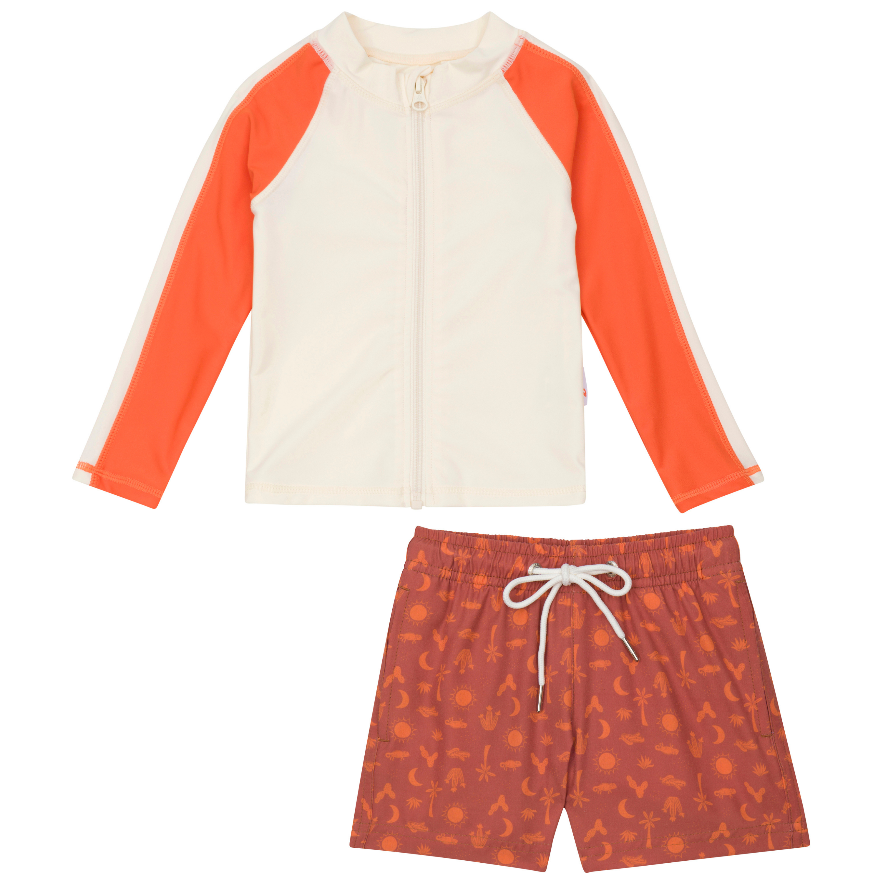 Boys Long Sleeve Zipper Rash Guard and Swim Trunk Set | "Desert"-6-12 Month-Desert-SwimZip UPF 50+ Sun Protective Swimwear & UV Zipper Rash Guards-pos1