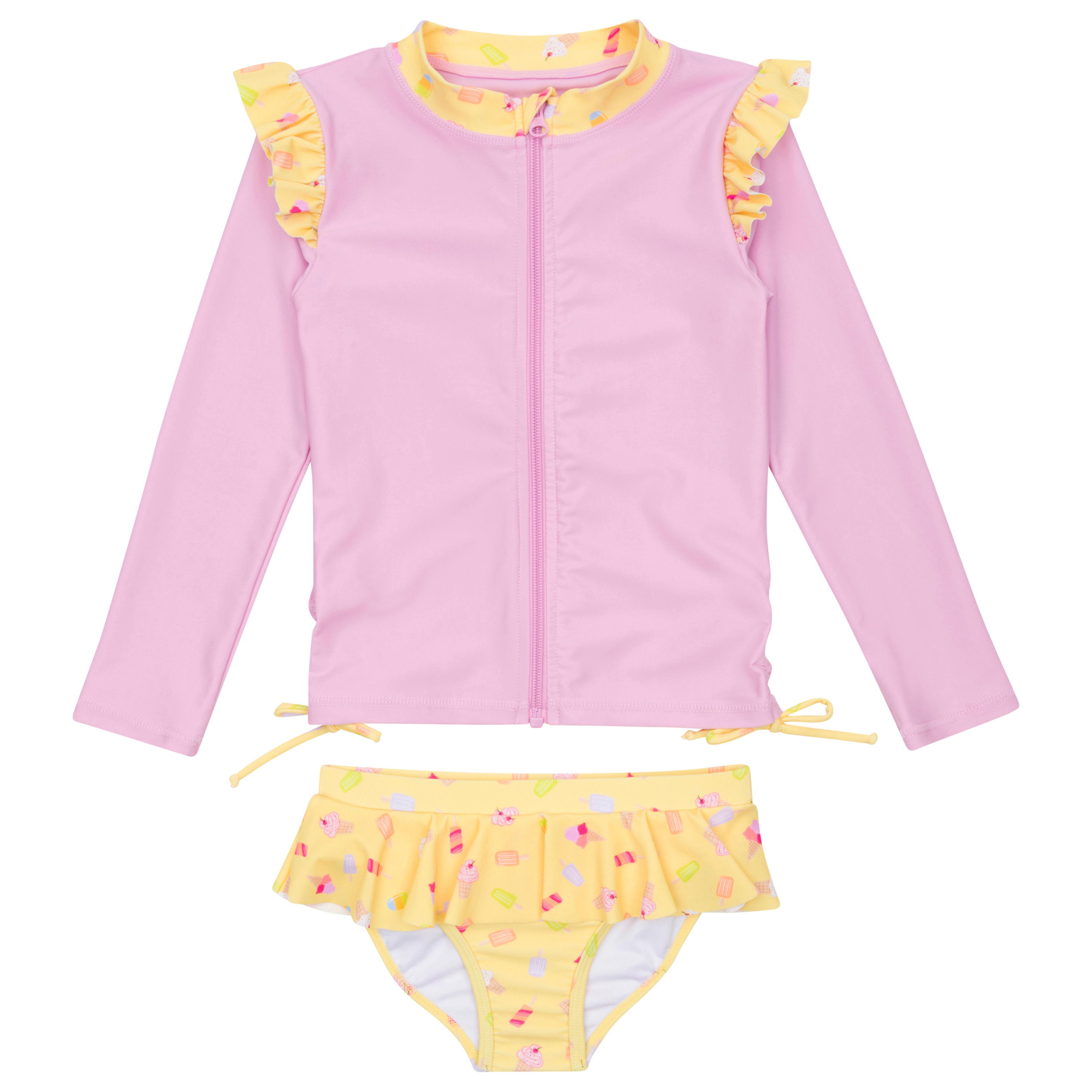 Girls Long Sleeve Rash Guard Ruffle Bottom Swimsuit Set (2 Piece) | "Sweetie"-SwimZip UPF 50+ Sun Protective Swimwear & UV Zipper Rash Guards-pos1