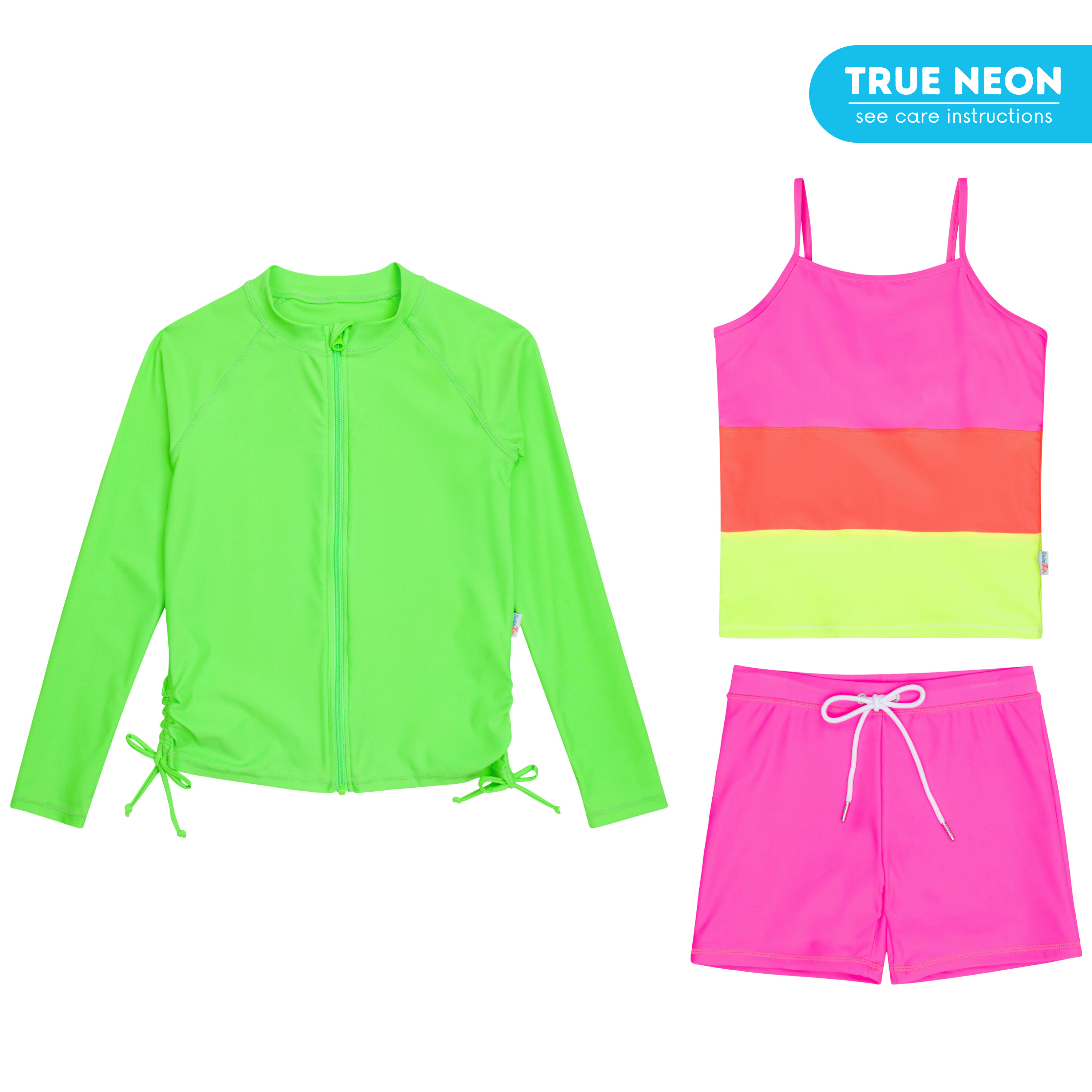 Girls Long Sleeve Rash Guard + Tankini Shorts Set (3 Piece) | "Neon Sunrise"-2T-Neon Sunrise-SwimZip UPF 50+ Sun Protective Swimwear & UV Zipper Rash Guards-pos1