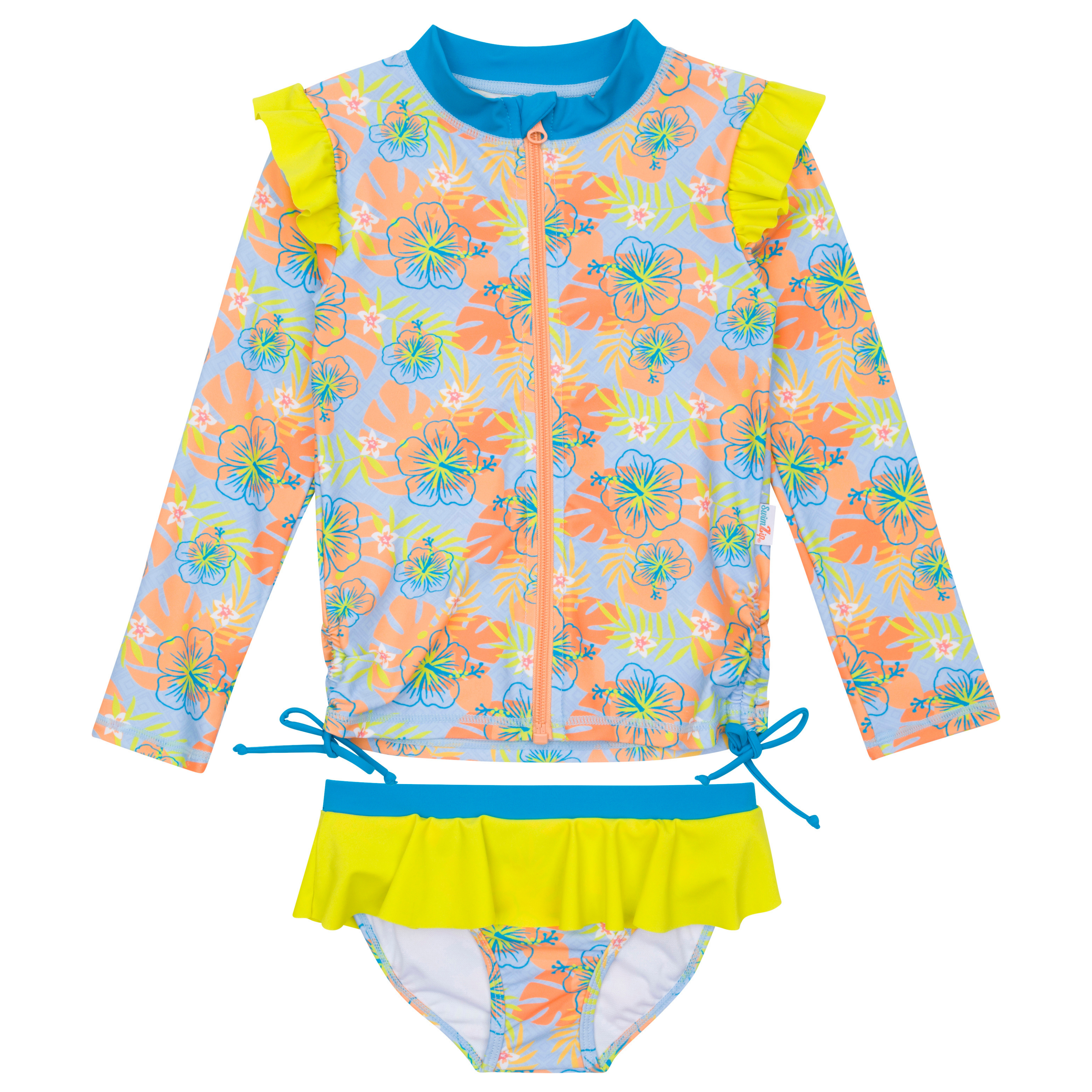 Girls Long Sleeve Rash Guard Ruffle Bottom Swimsuit Set (2 Piece) | "Groovy"-SwimZip UPF 50+ Sun Protective Swimwear & UV Zipper Rash Guards-pos1