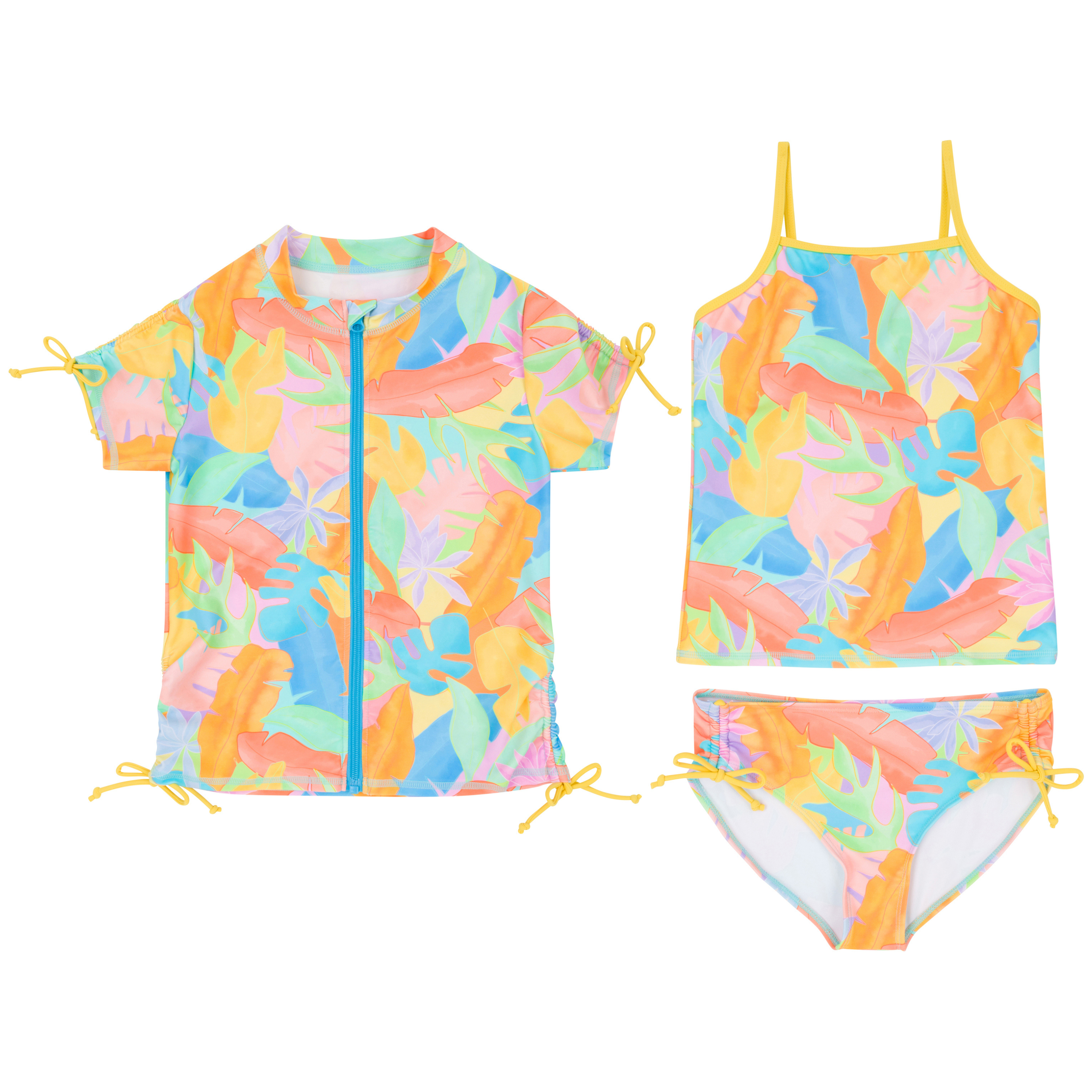Girls Short Sleeve Rash Guard + Tankini Bikini Set (3 Piece) | "Vibrant Vacay"-6-8-Vibrant Vacay-SwimZip UPF 50+ Sun Protective Swimwear & UV Zipper Rash Guards-pos1